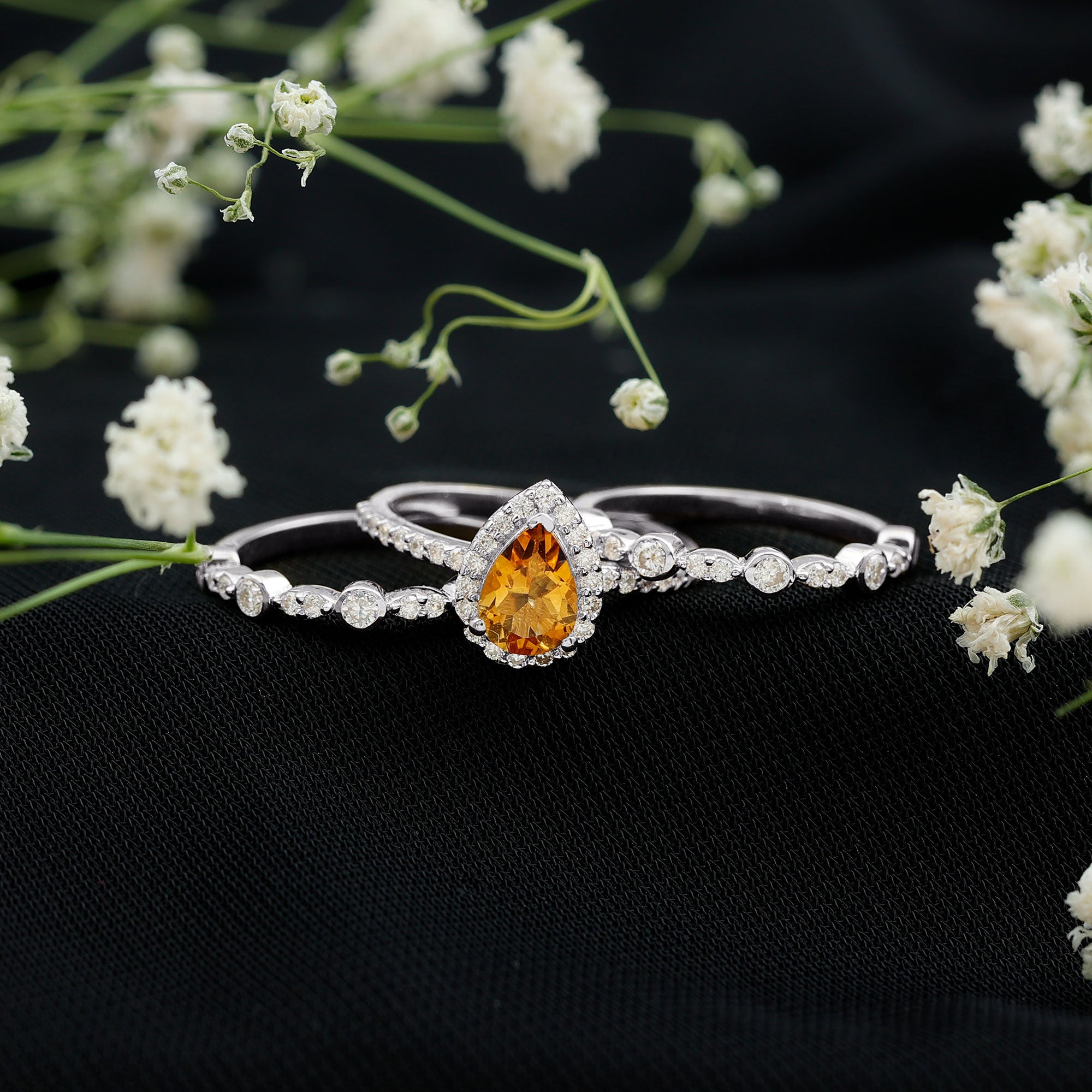 Rosec Jewels-Pear Cut Citrine Bridal Trio Ring Set with Moissanite Band