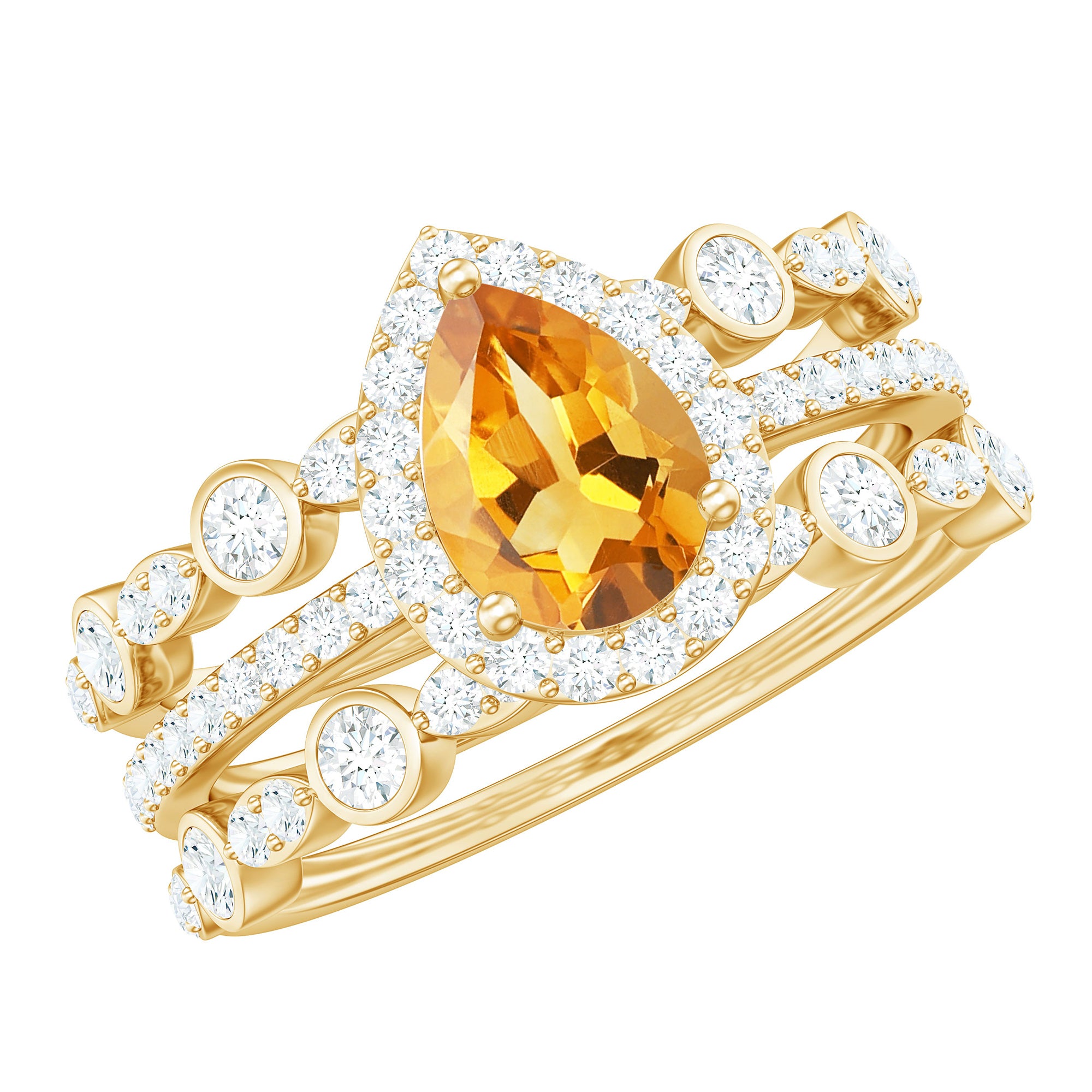 Rosec Jewels-Pear Cut Citrine Bridal Trio Ring Set with Moissanite Band