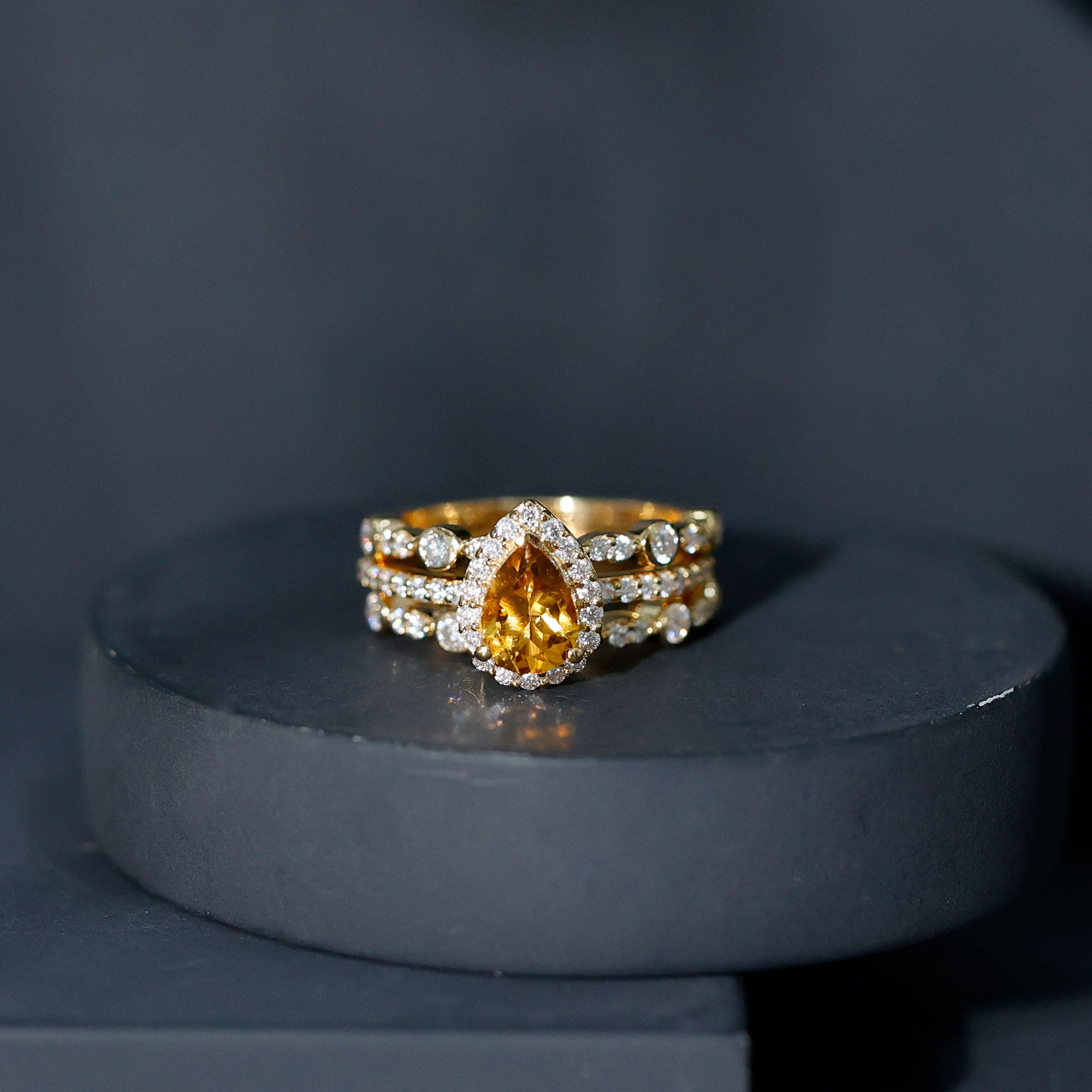 Rosec Jewels-Pear Cut Citrine Bridal Trio Ring Set with Moissanite Band