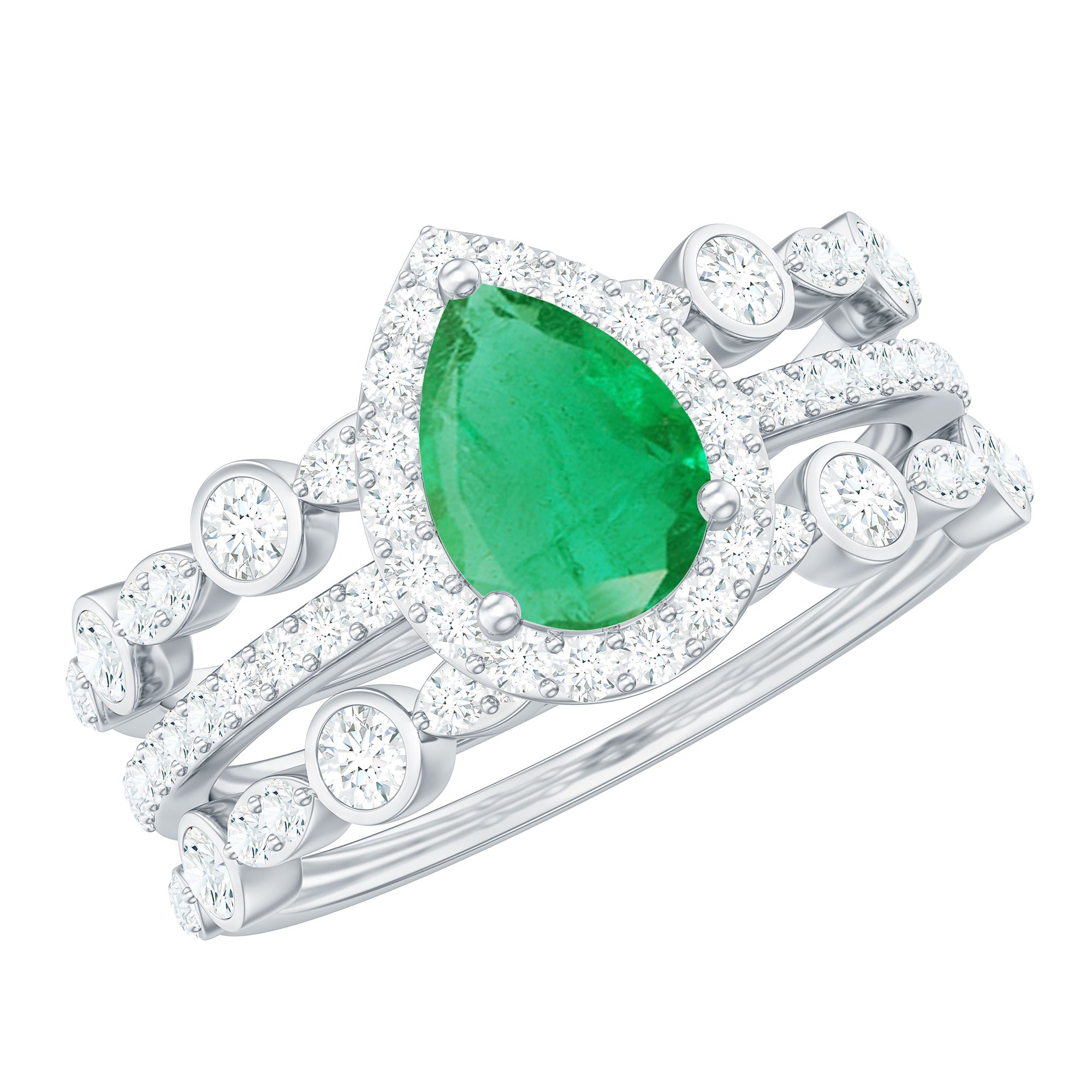Natural Emerald Teardrop Engagement Ring and Wedding Band Set of 3 AAA - Rosec Jewels