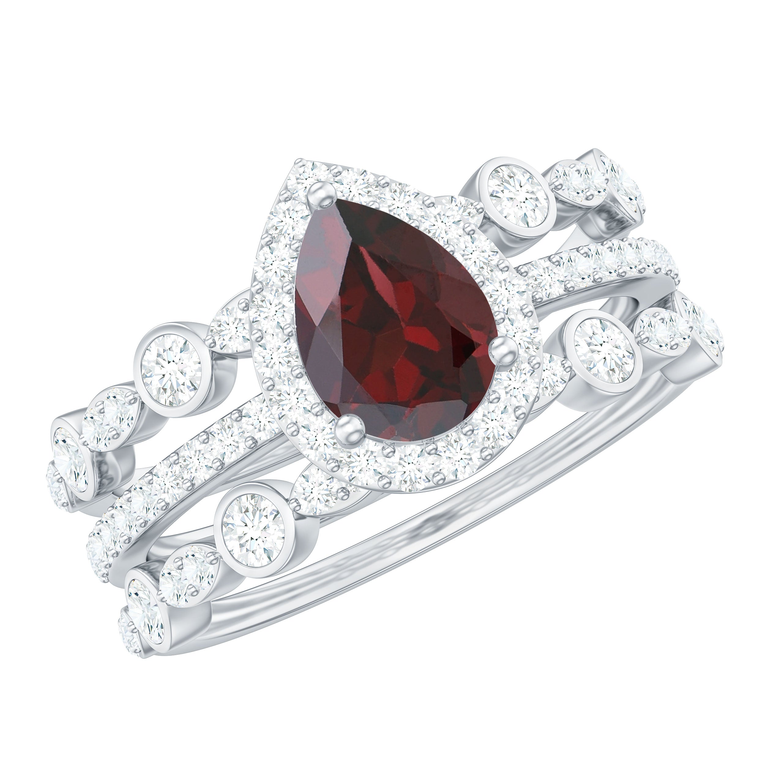 Real 5X7mm Pear Shape Garnet 3 Piece Wedding Ring Set AAA - Rosec Jewels