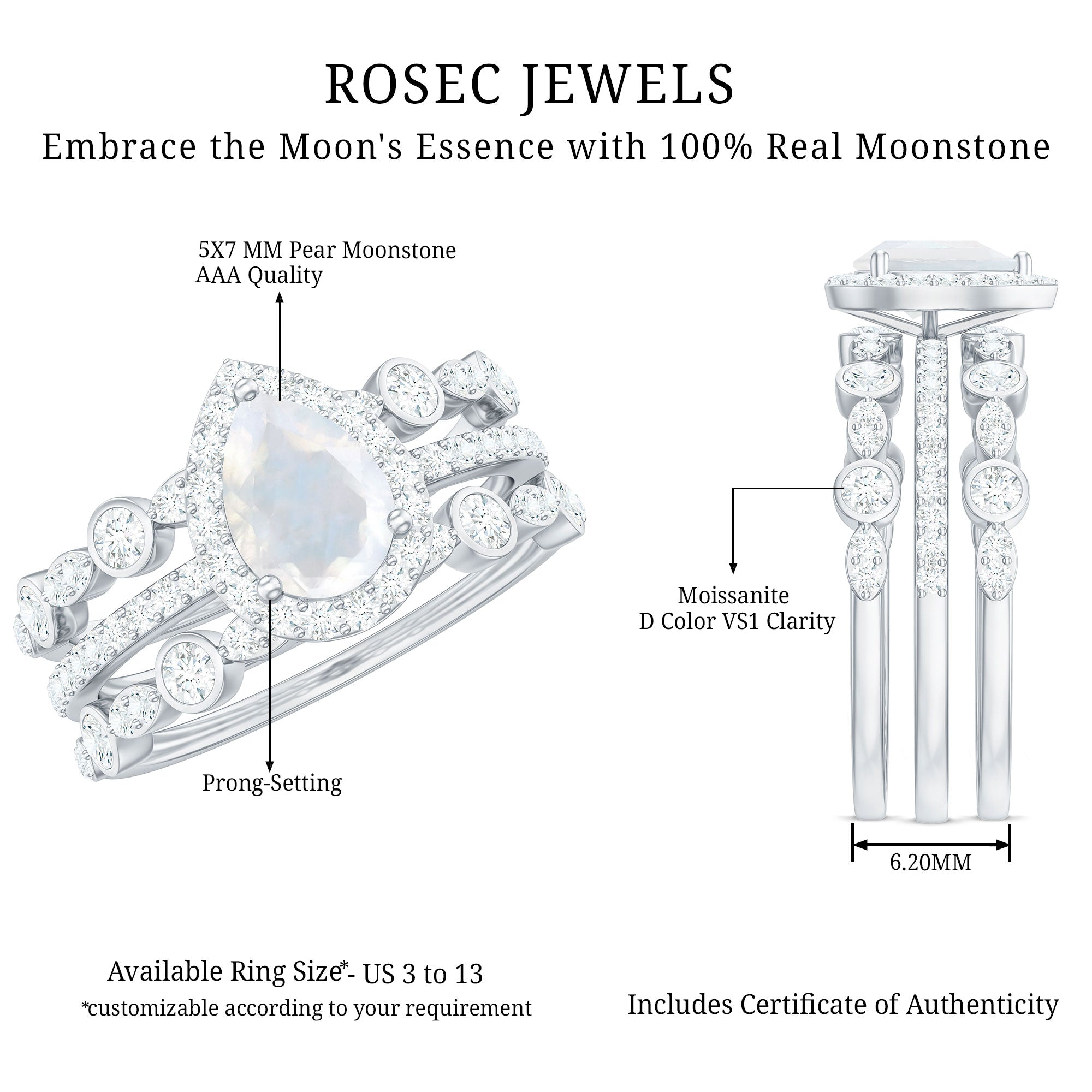 Rosec Jewels-Pear Cut Moonstone Bridal Trio Ring Set with Moissanite Band