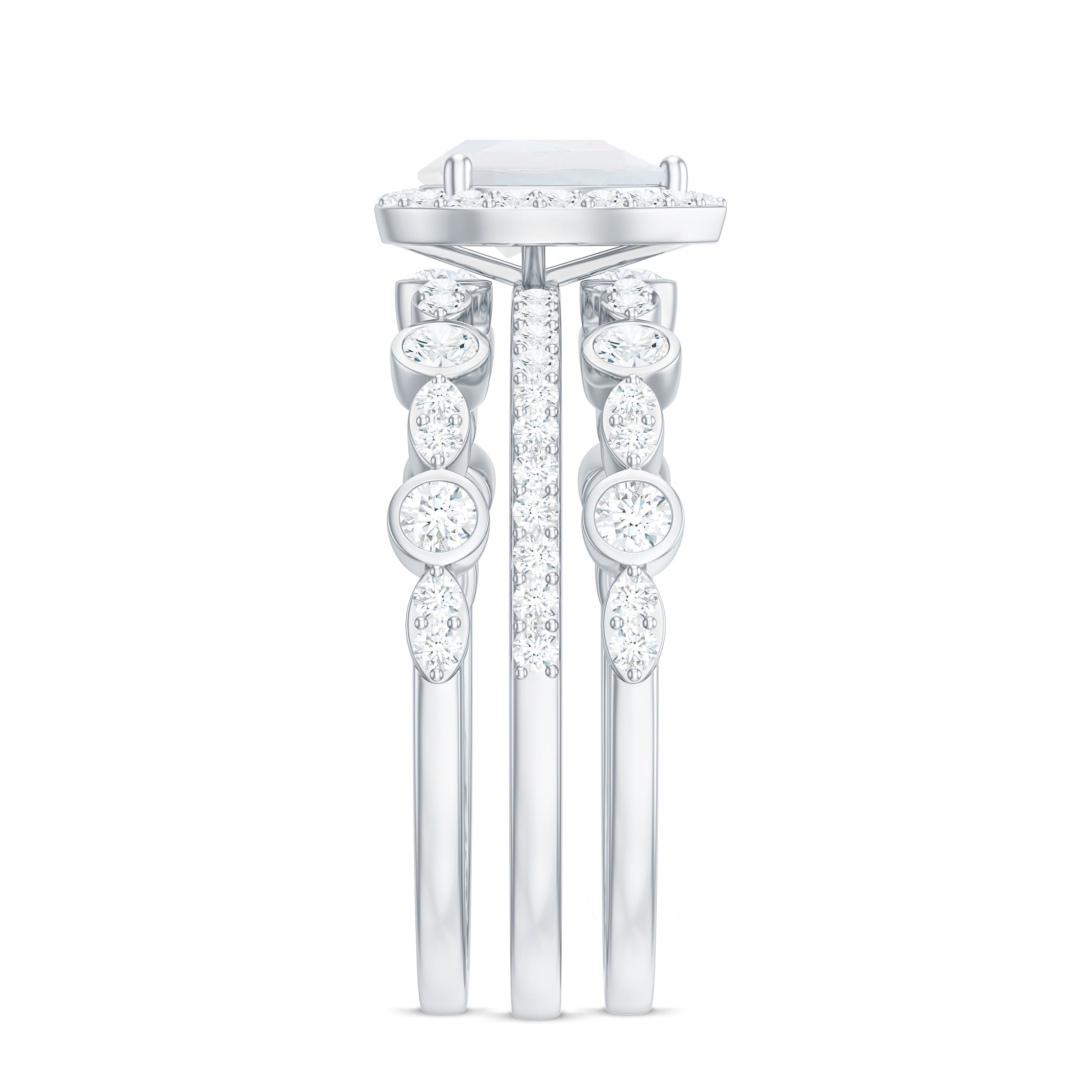 Rosec Jewels-Pear Cut Moonstone Bridal Trio Ring Set with Moissanite Band
