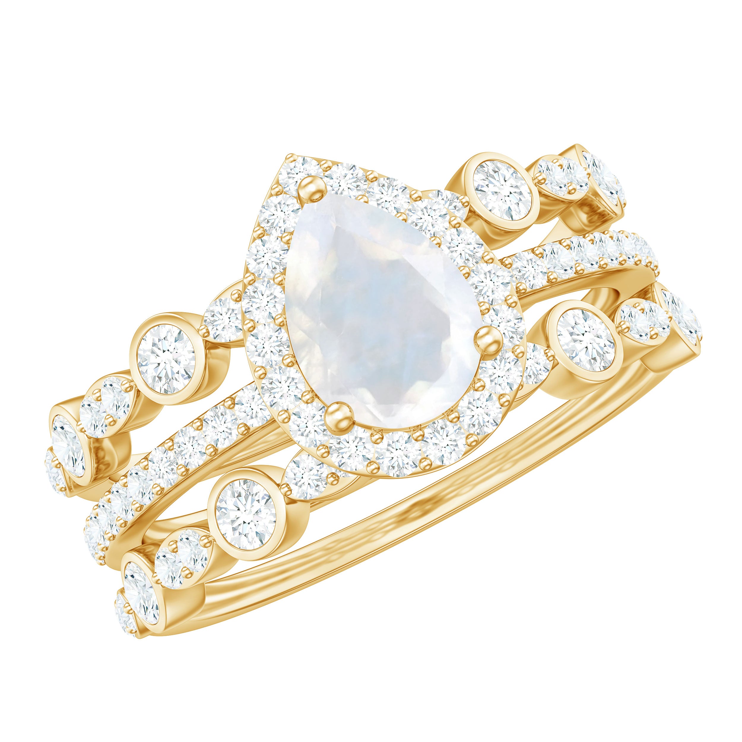 Rosec Jewels-Pear Cut Moonstone Bridal Trio Ring Set with Moissanite Band