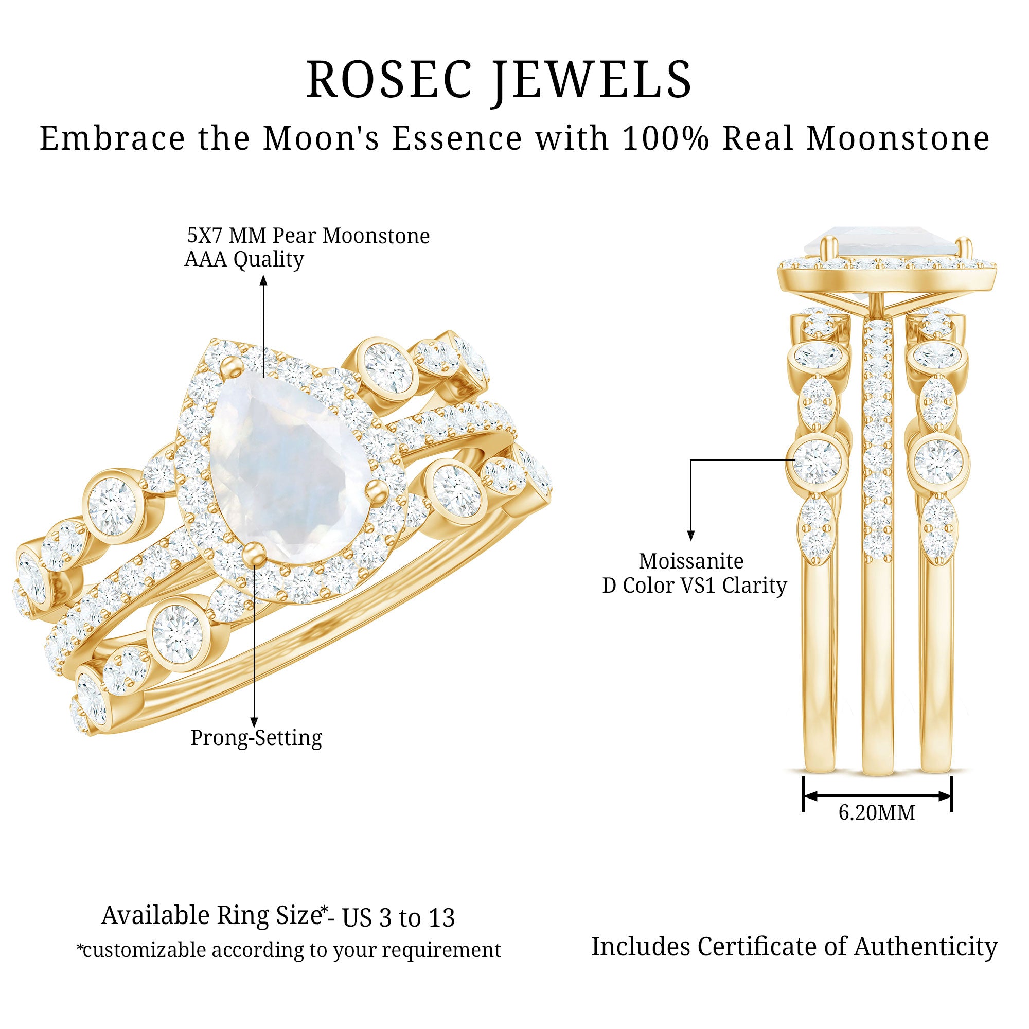 Rosec Jewels-Pear Cut Moonstone Bridal Trio Ring Set with Moissanite Band