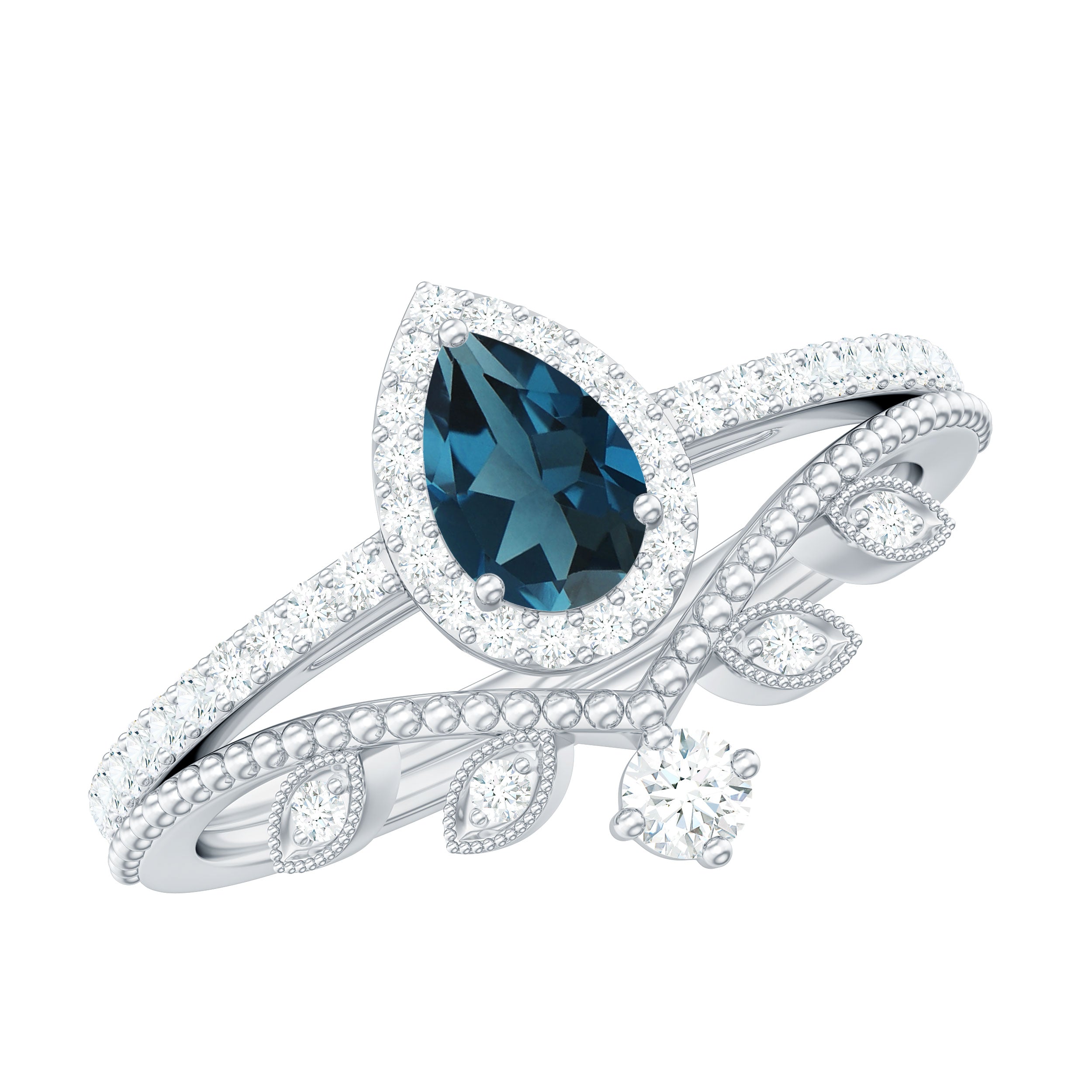 Vintage Style London Blue Topaz and Diamond Teardrop Wedding Ring Set AAA - Rosec Jewels