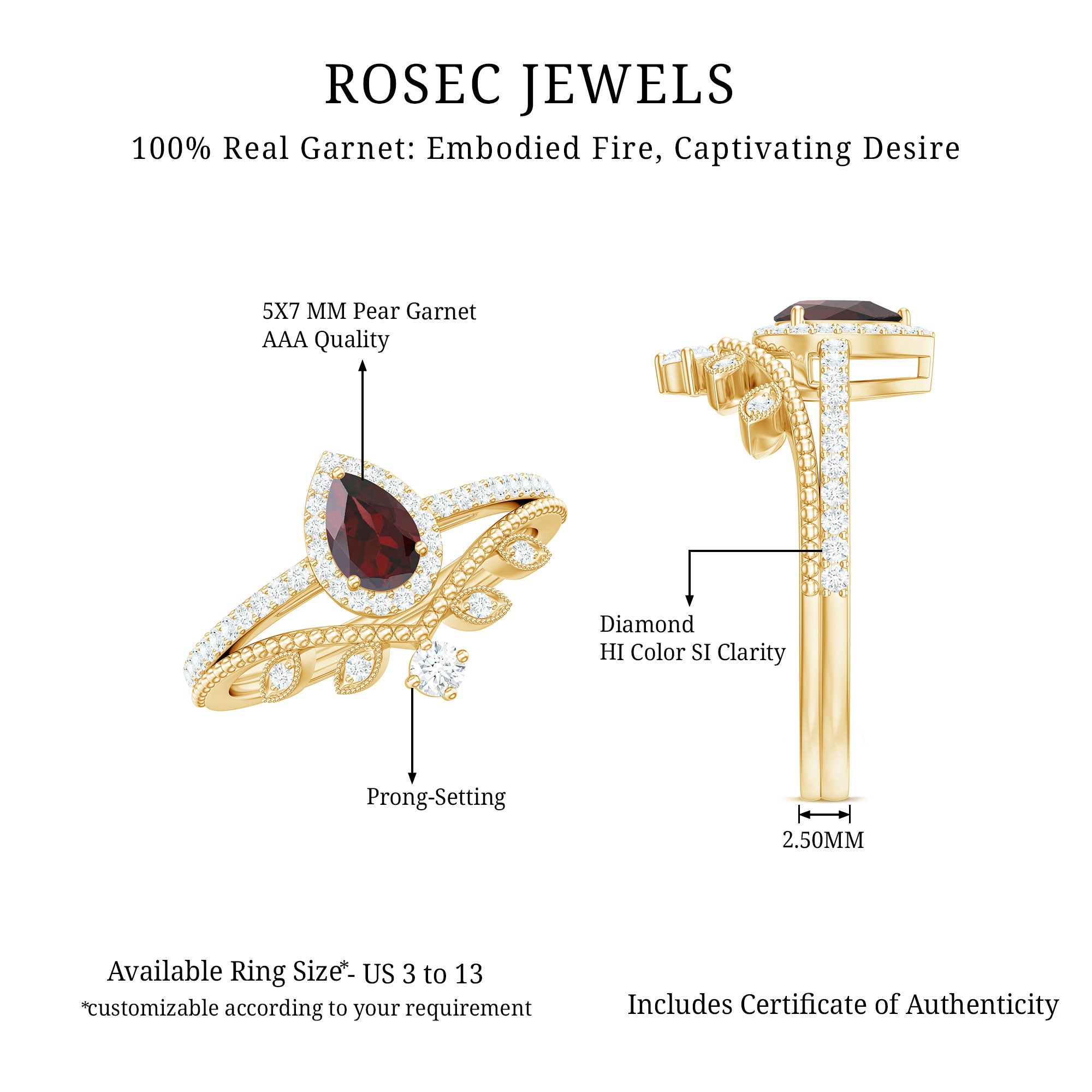 Rosec Jewels-Natural Garnet Diamond Vintage Wedding Bridal Ring Set