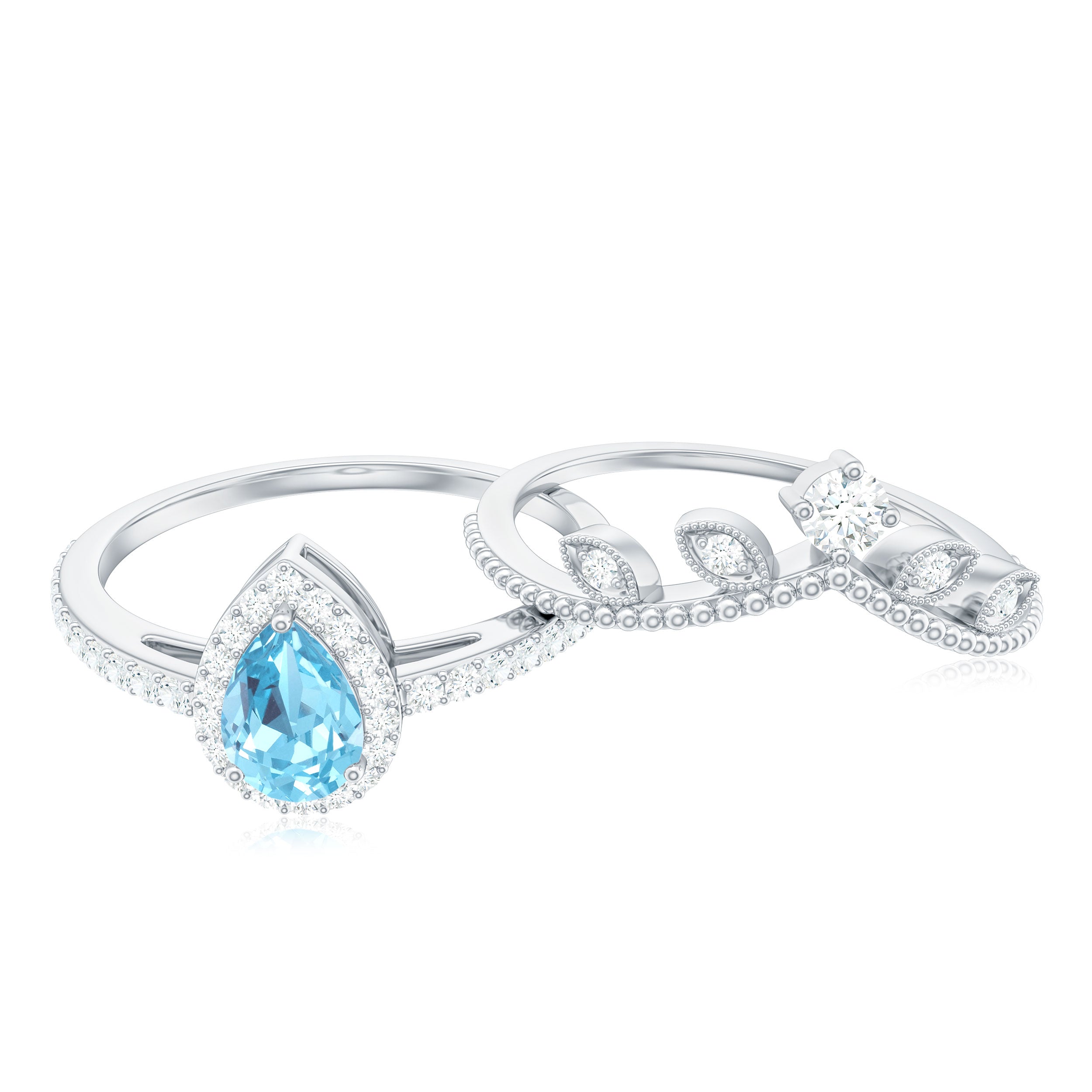 Rosec Jewels-Vintage Looking Aquamarine and Diamond Teardrop Wedding Ring Set for Women