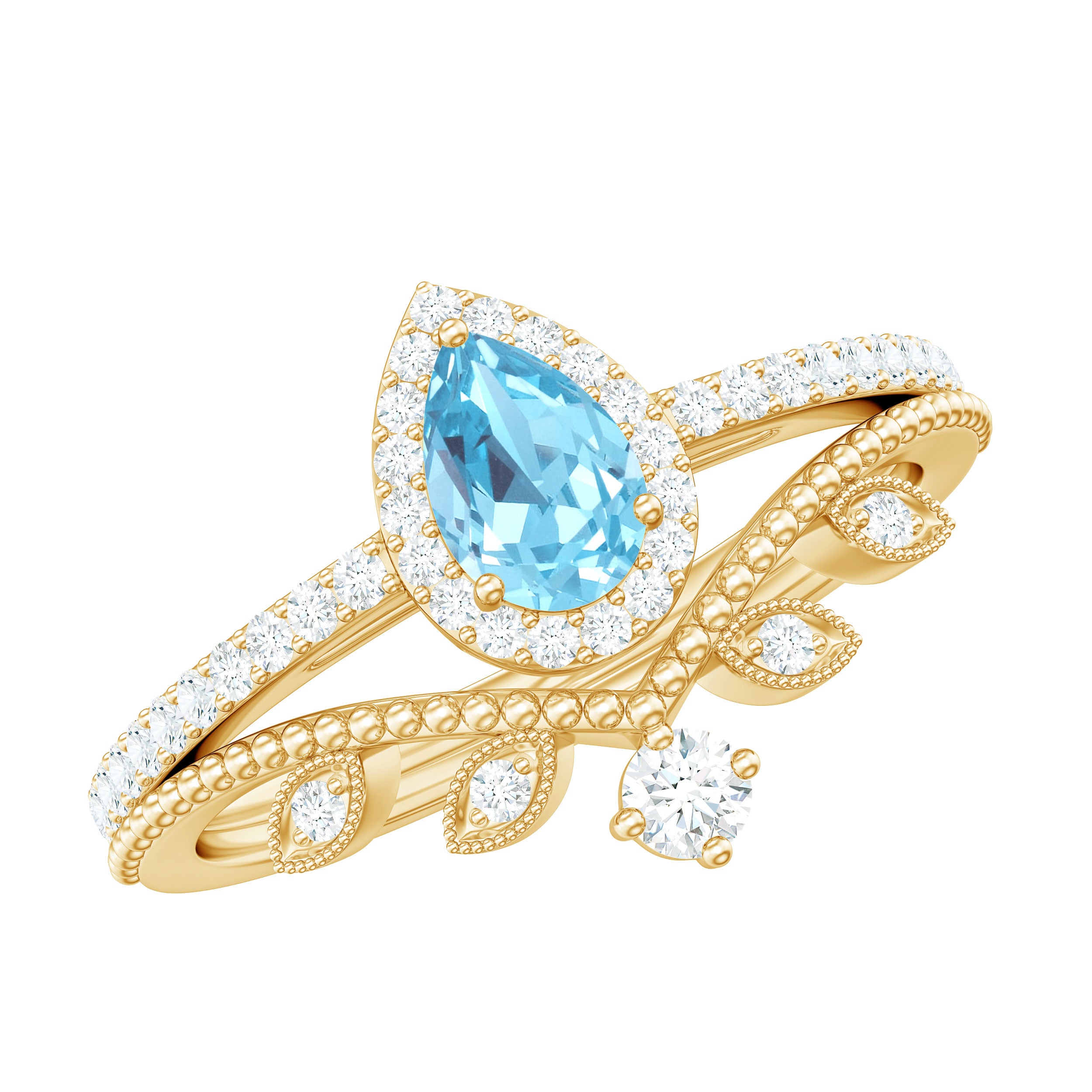Rosec Jewels-Vintage Looking Aquamarine and Diamond Teardrop Wedding Ring Set for Women
