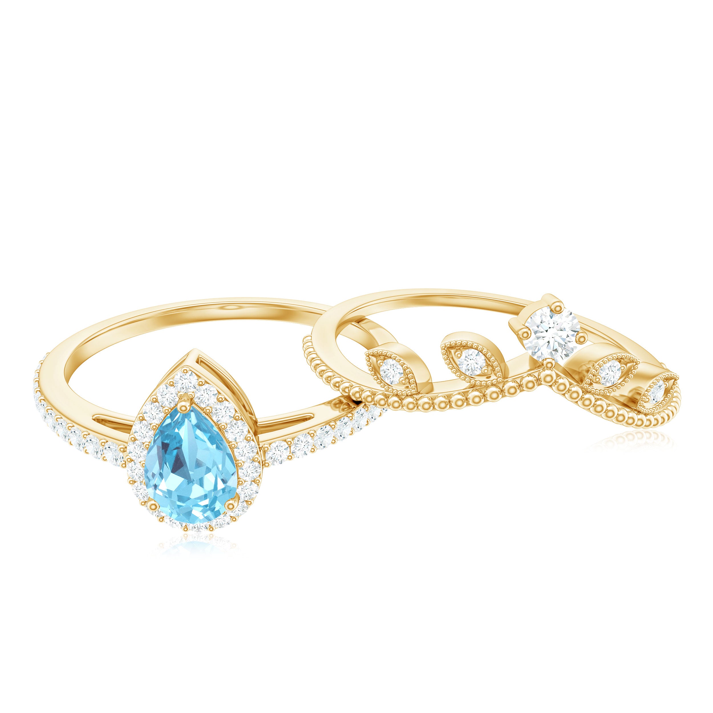 Rosec Jewels-Vintage Looking Aquamarine and Diamond Teardrop Wedding Ring Set for Women
