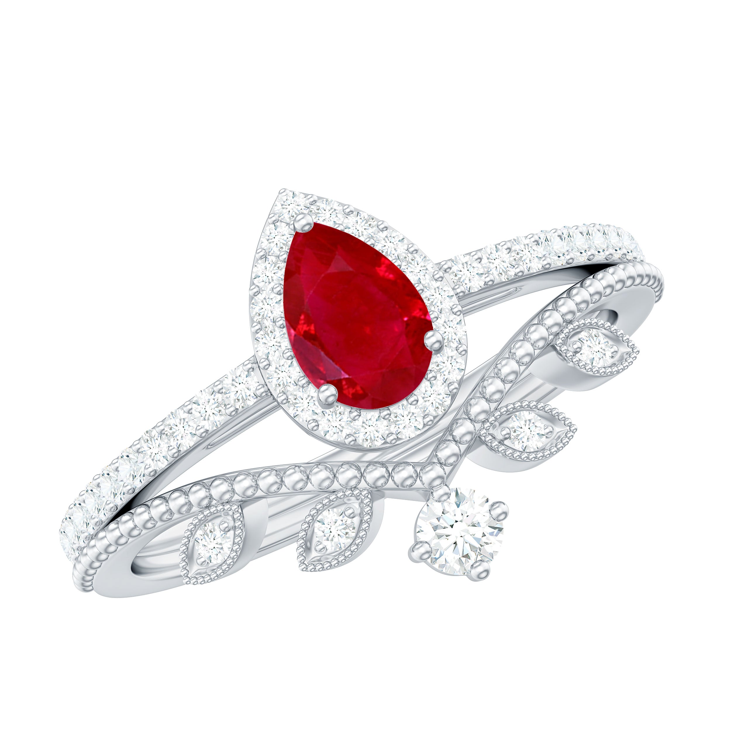 Rosec Jewels-Vintage Looking Pear Shape Ruby Diamond Engagement Ring with Enhancer