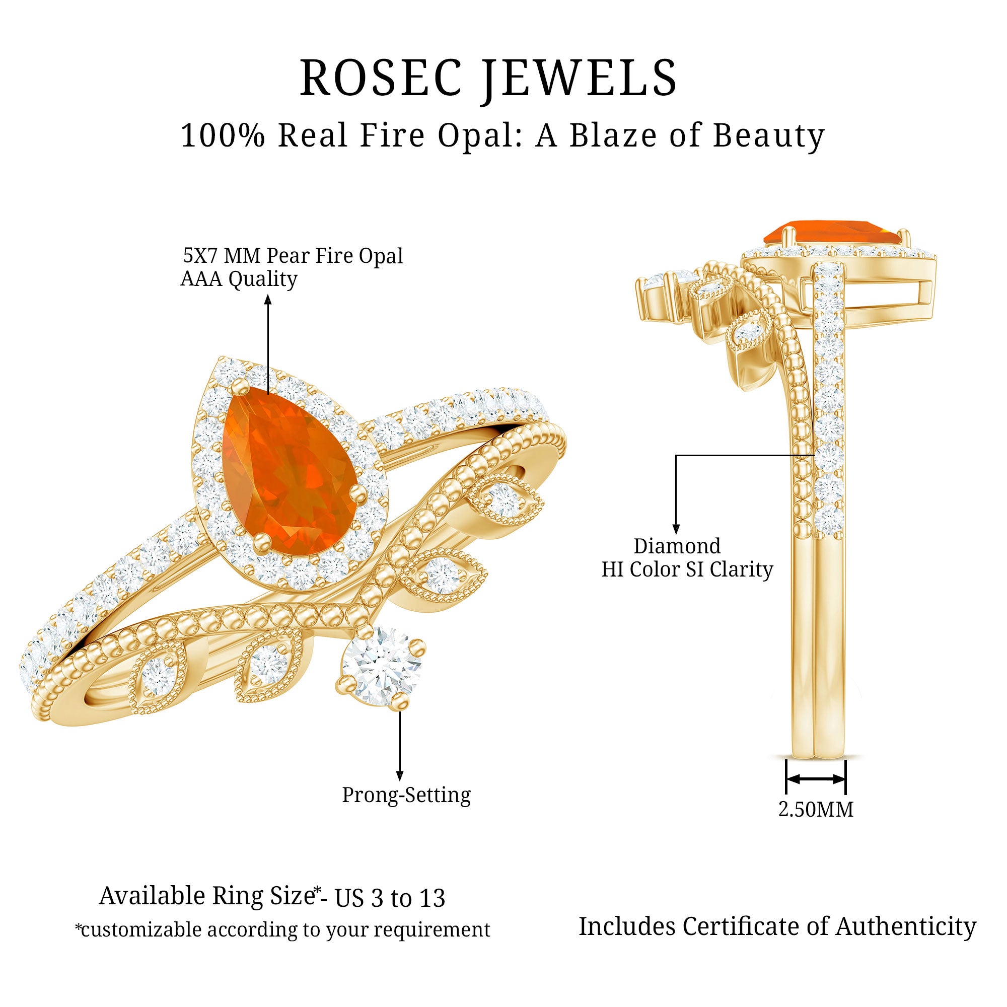 Rosec Jewels-Vintage Inspired Fire Opal Teardrop Wedding Ring Set with Diamond