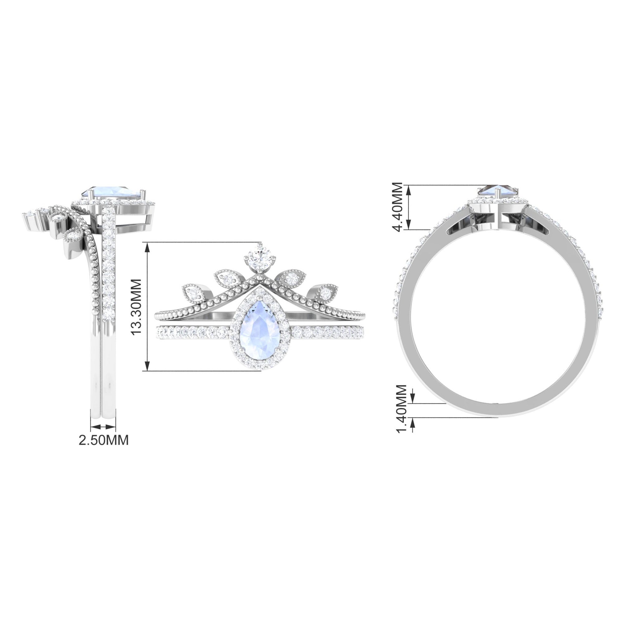 1.5 Vintage Inspired Moonstone Teardrop Wedding Ring Set with Diamond AAA - Rosec Jewels
