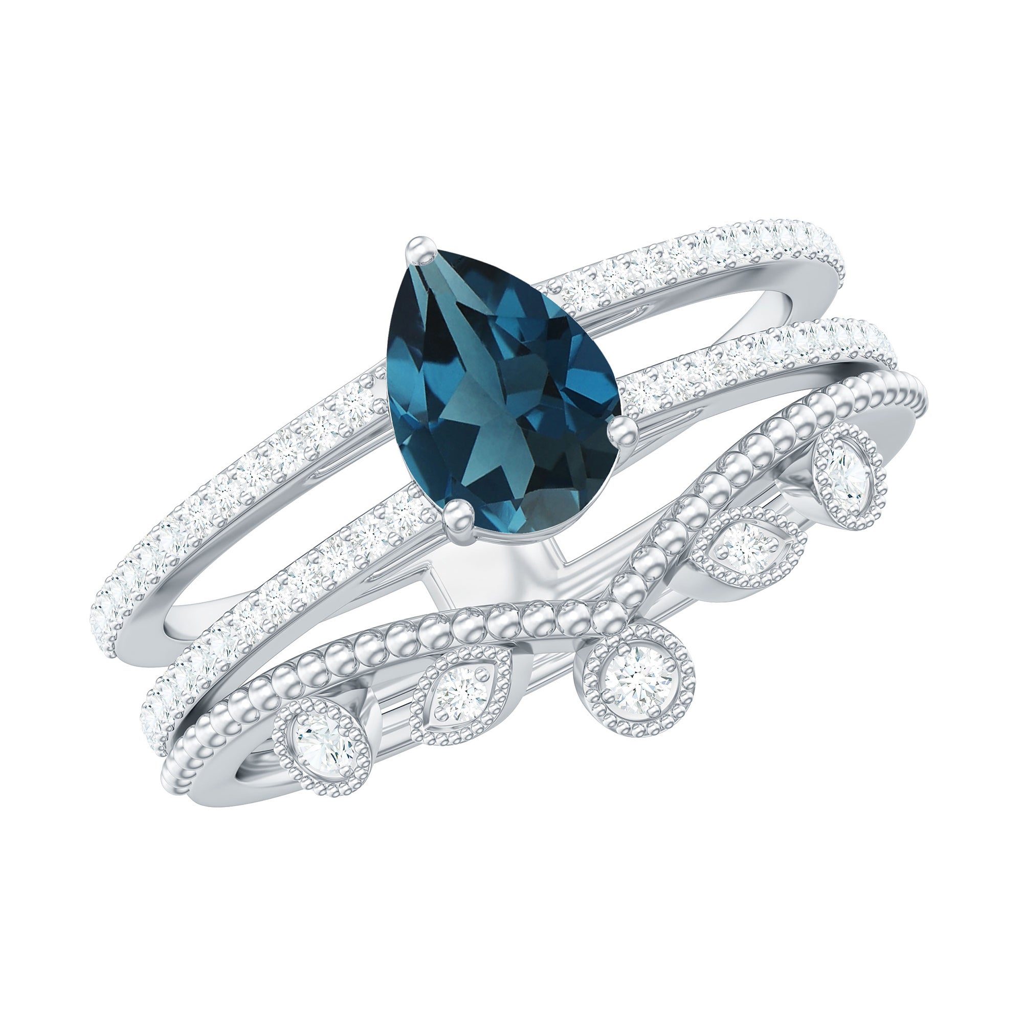 Pear London Blue Topaz Double Band Engagement Ring with Diamond Enhancer AAA - Rosec Jewels