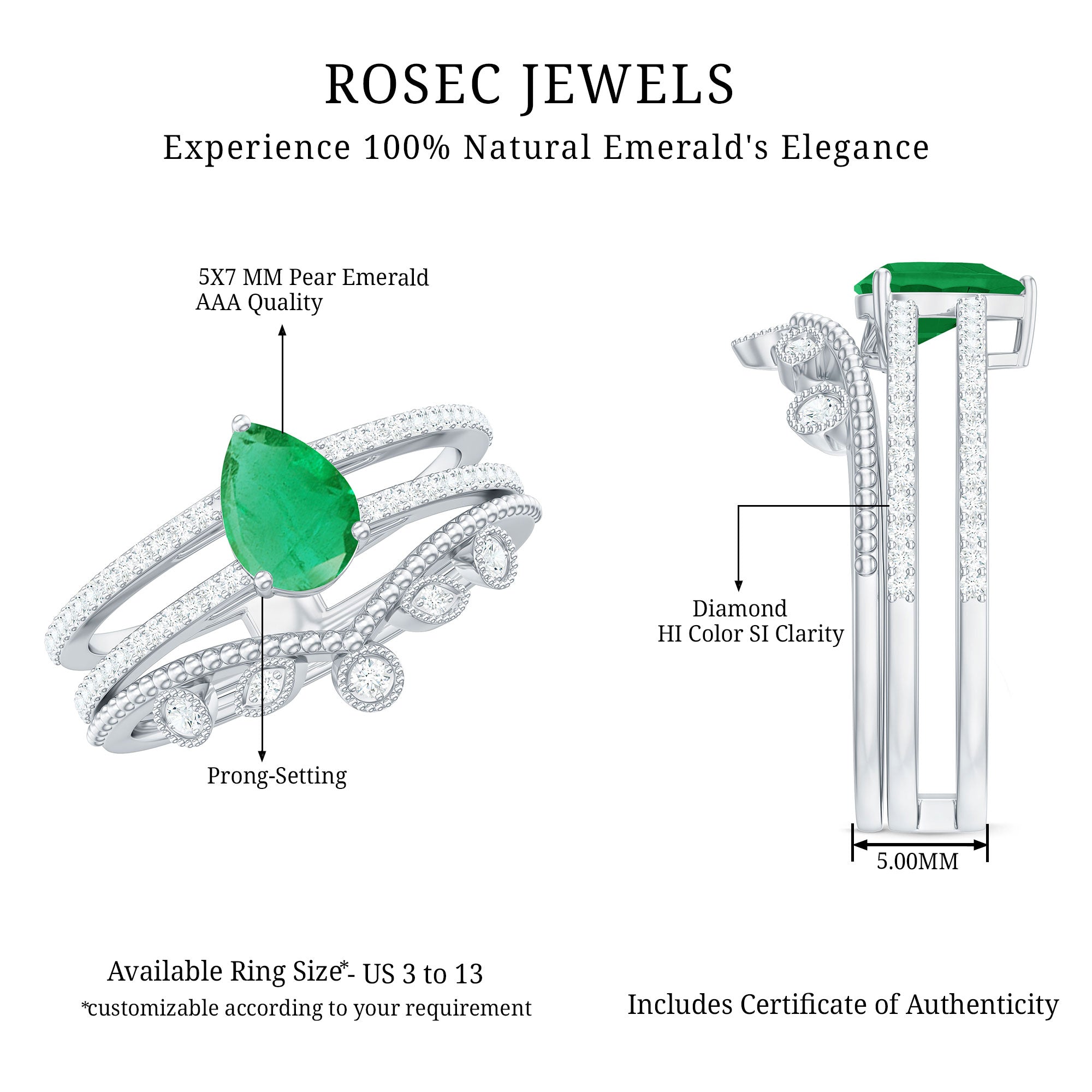Rosec Jewels-Vintage Style Emerald Diamond Wedding Bridal Ring Set