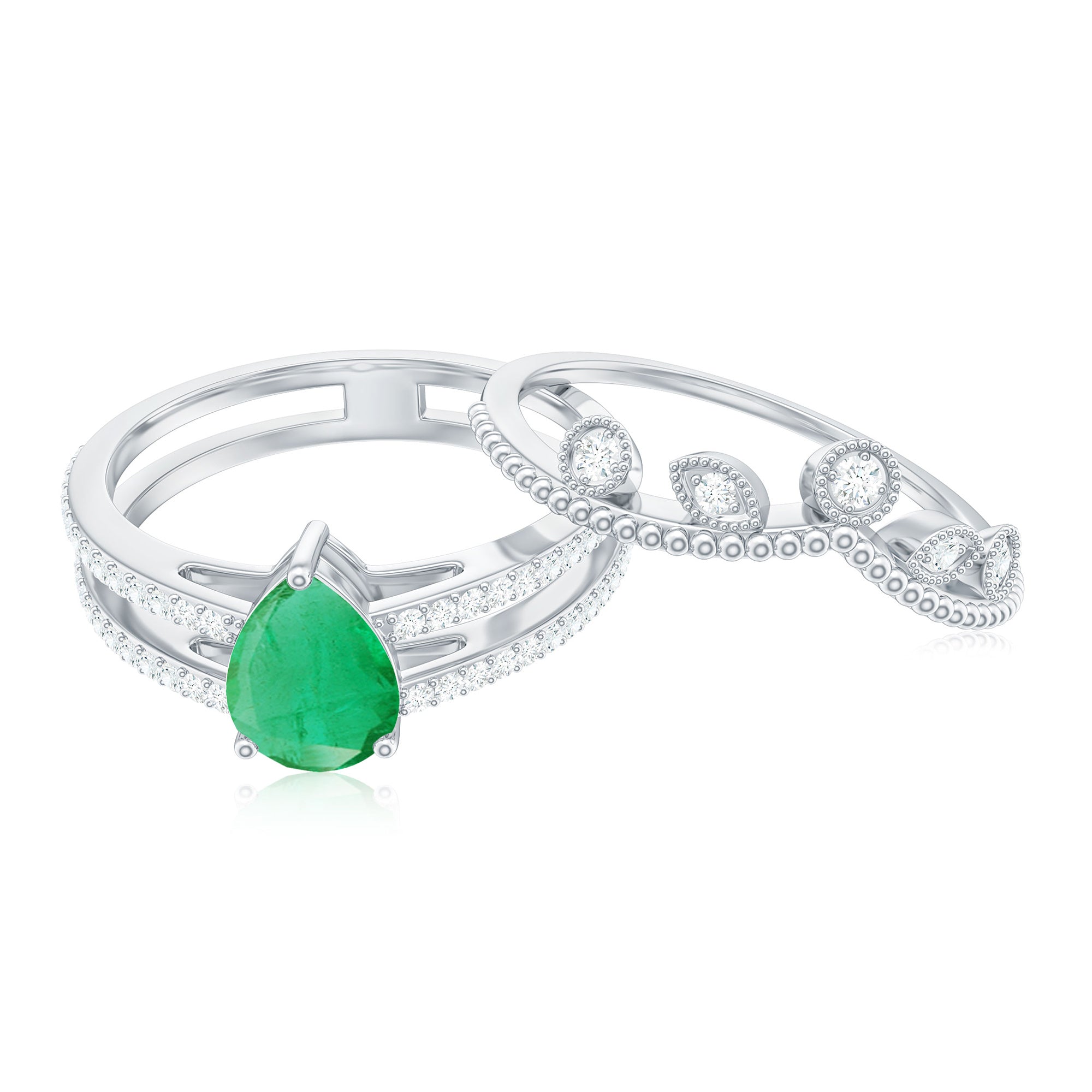 Rosec Jewels-Vintage Style Emerald Diamond Wedding Bridal Ring Set