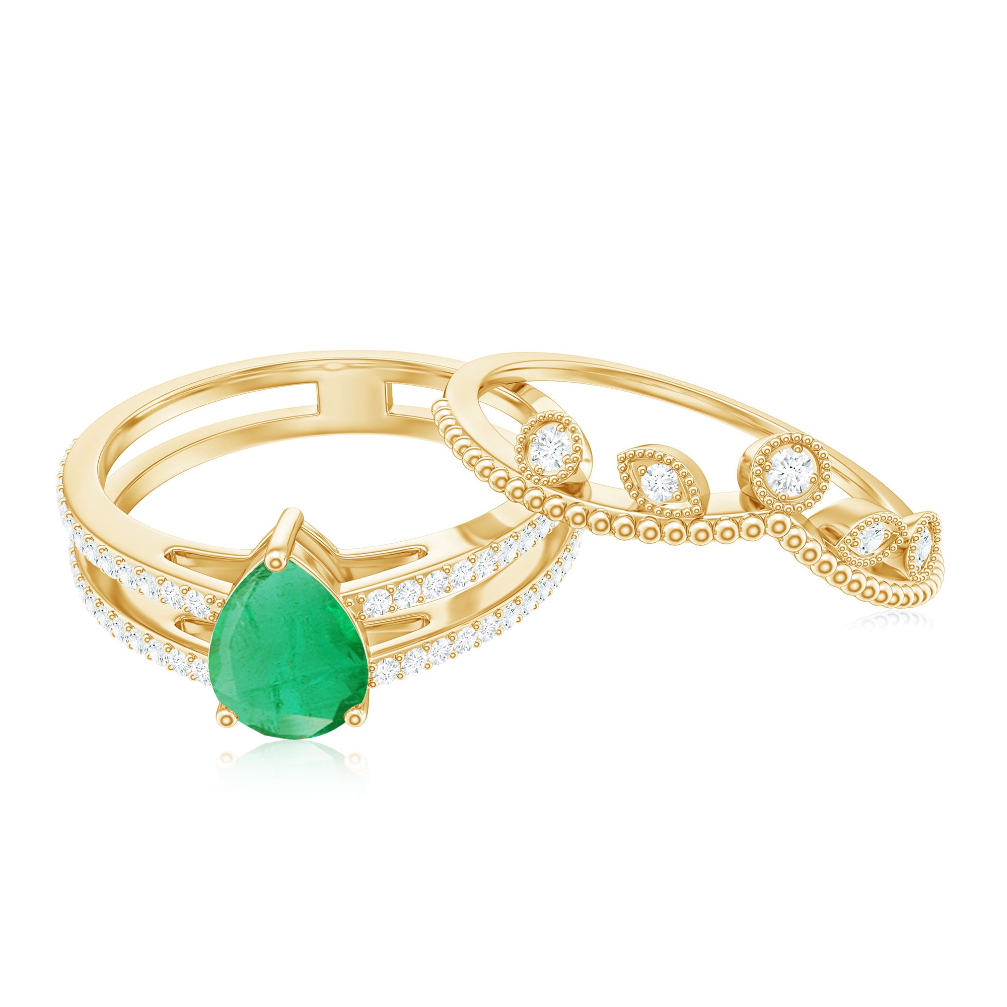 Rosec Jewels-Vintage Style Emerald Diamond Wedding Bridal Ring Set