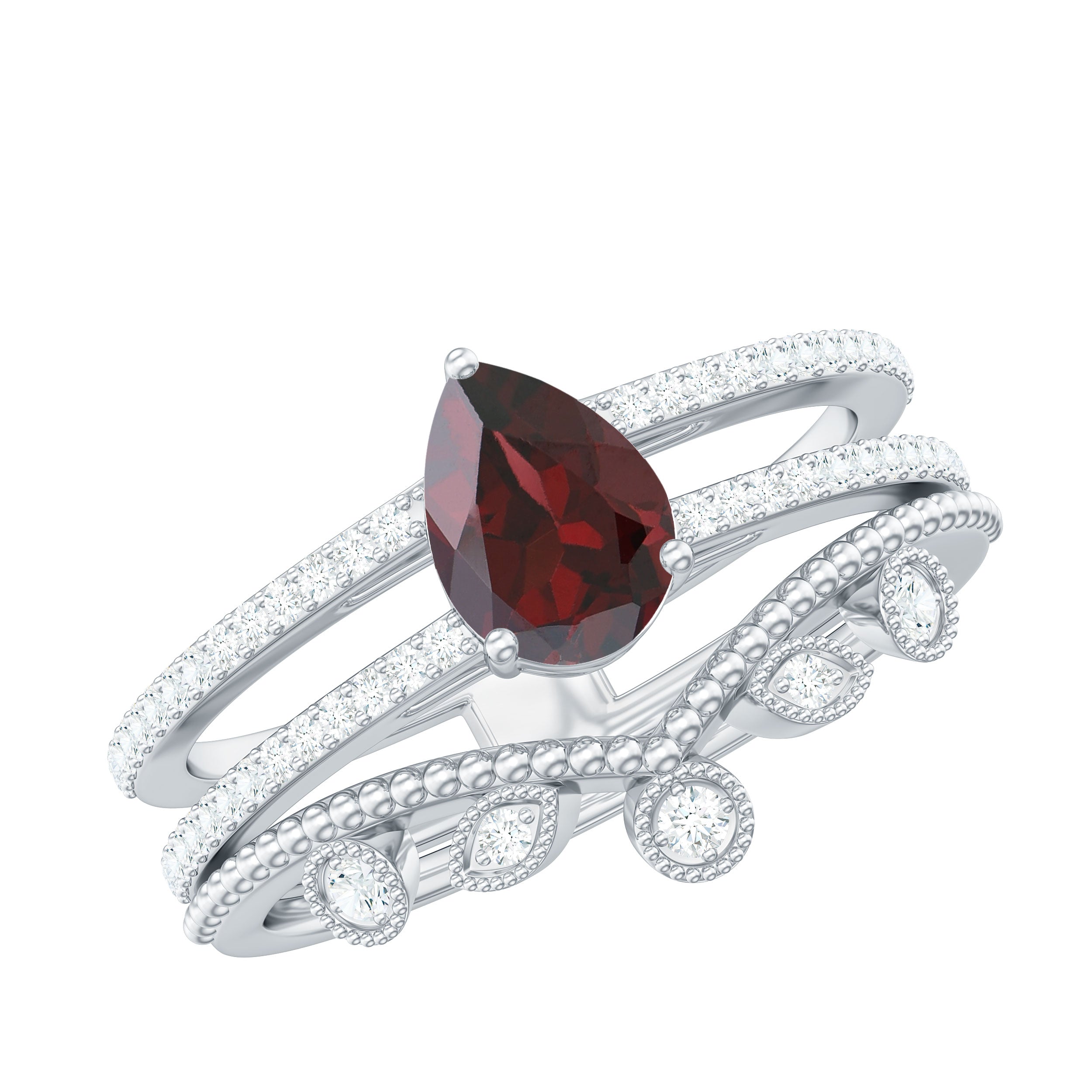 Rosec Jewels-Natural Garnet Diamond Double Band Engagement Ring Wedding Band