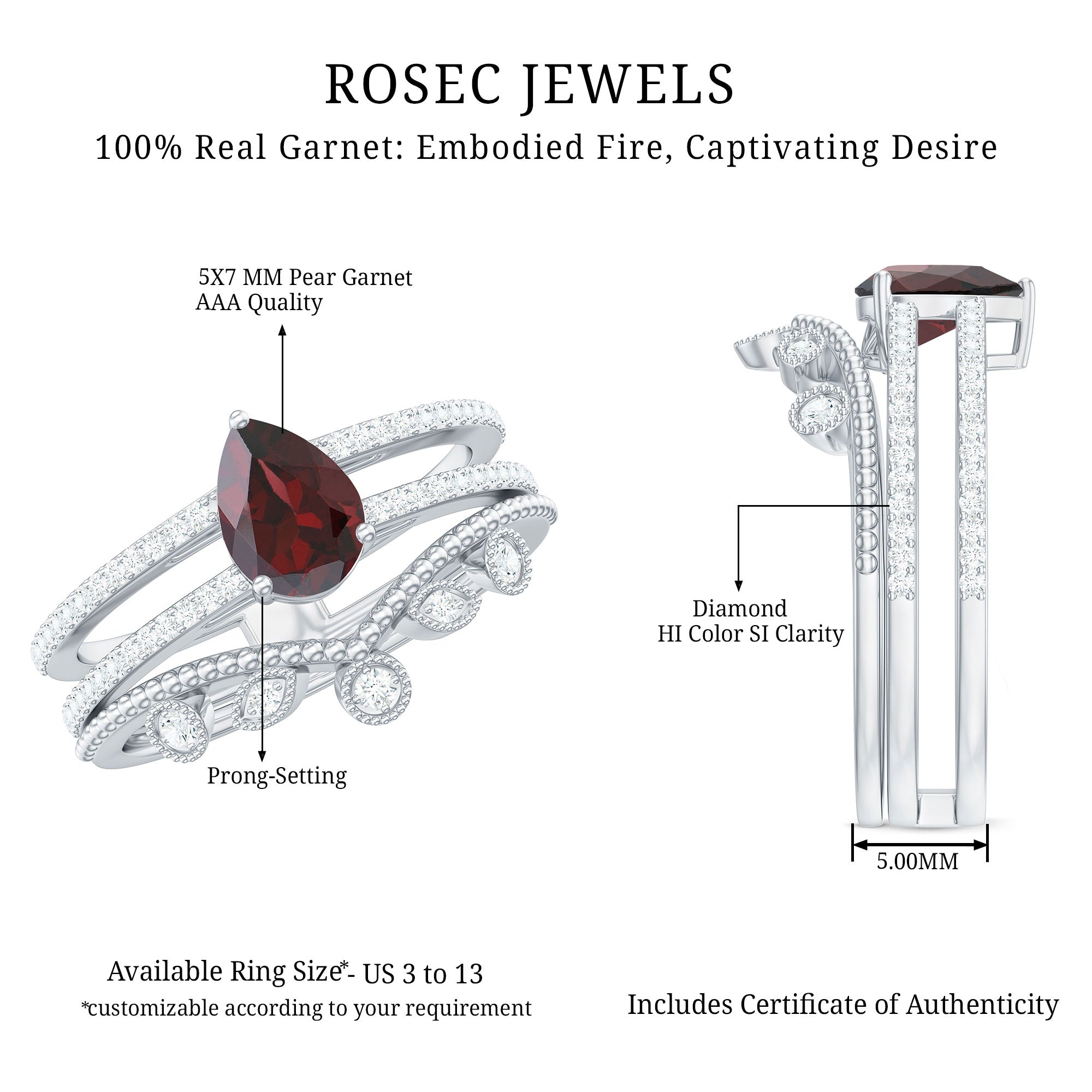 Rosec Jewels-Natural Garnet Diamond Double Band Engagement Ring Wedding Band