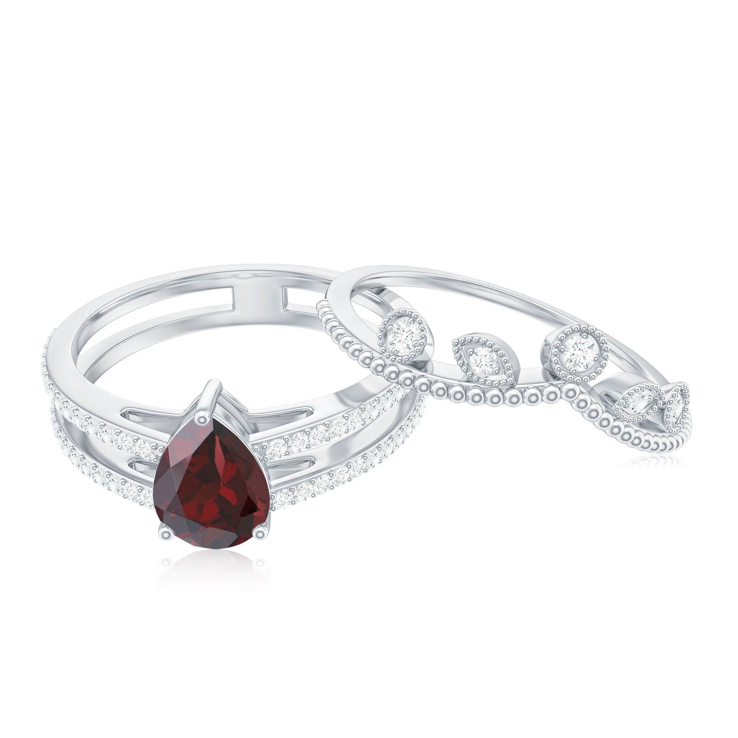 Rosec Jewels-Natural Garnet Diamond Double Band Engagement Ring Wedding Band