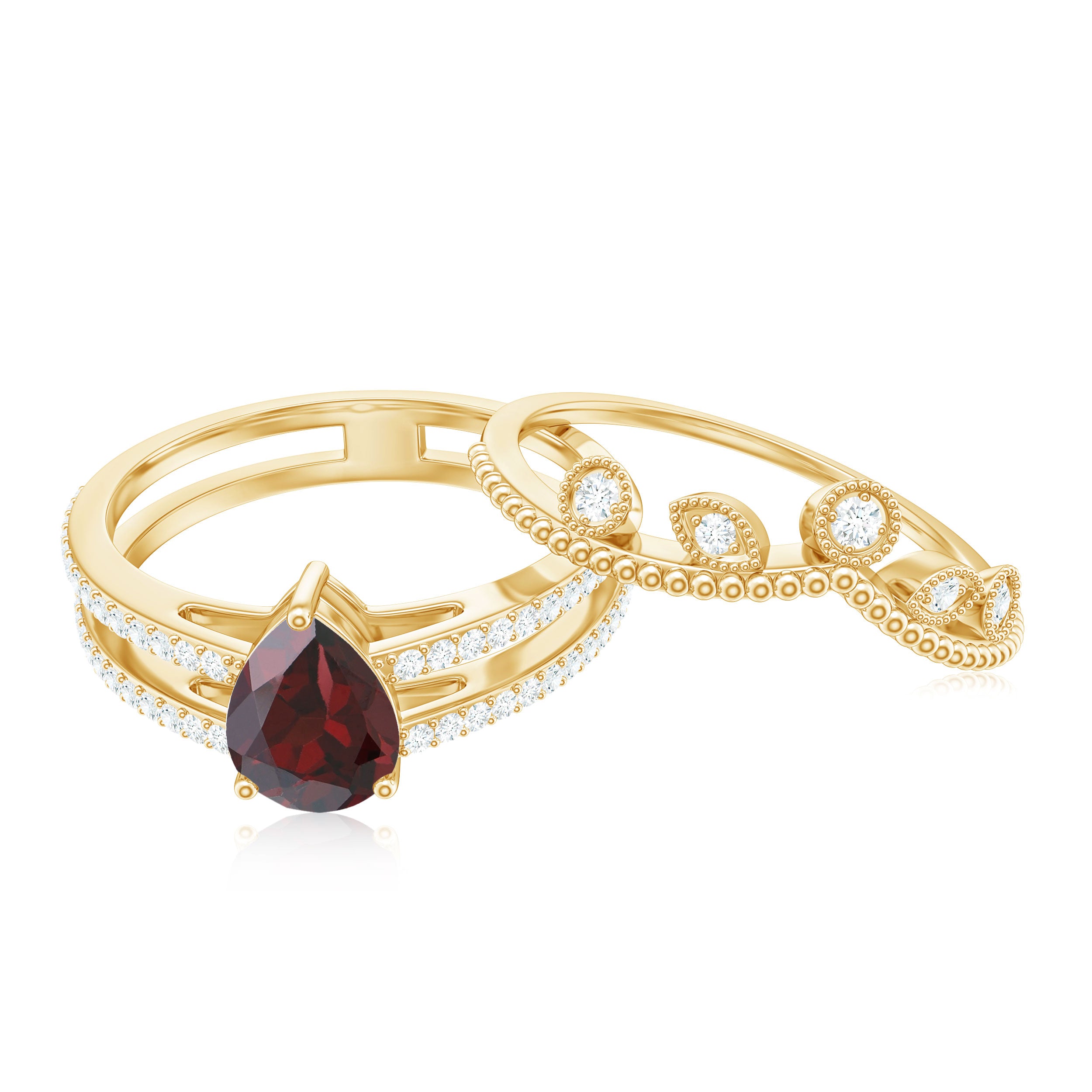 Rosec Jewels-Natural Garnet Diamond Double Band Engagement Ring Wedding Band