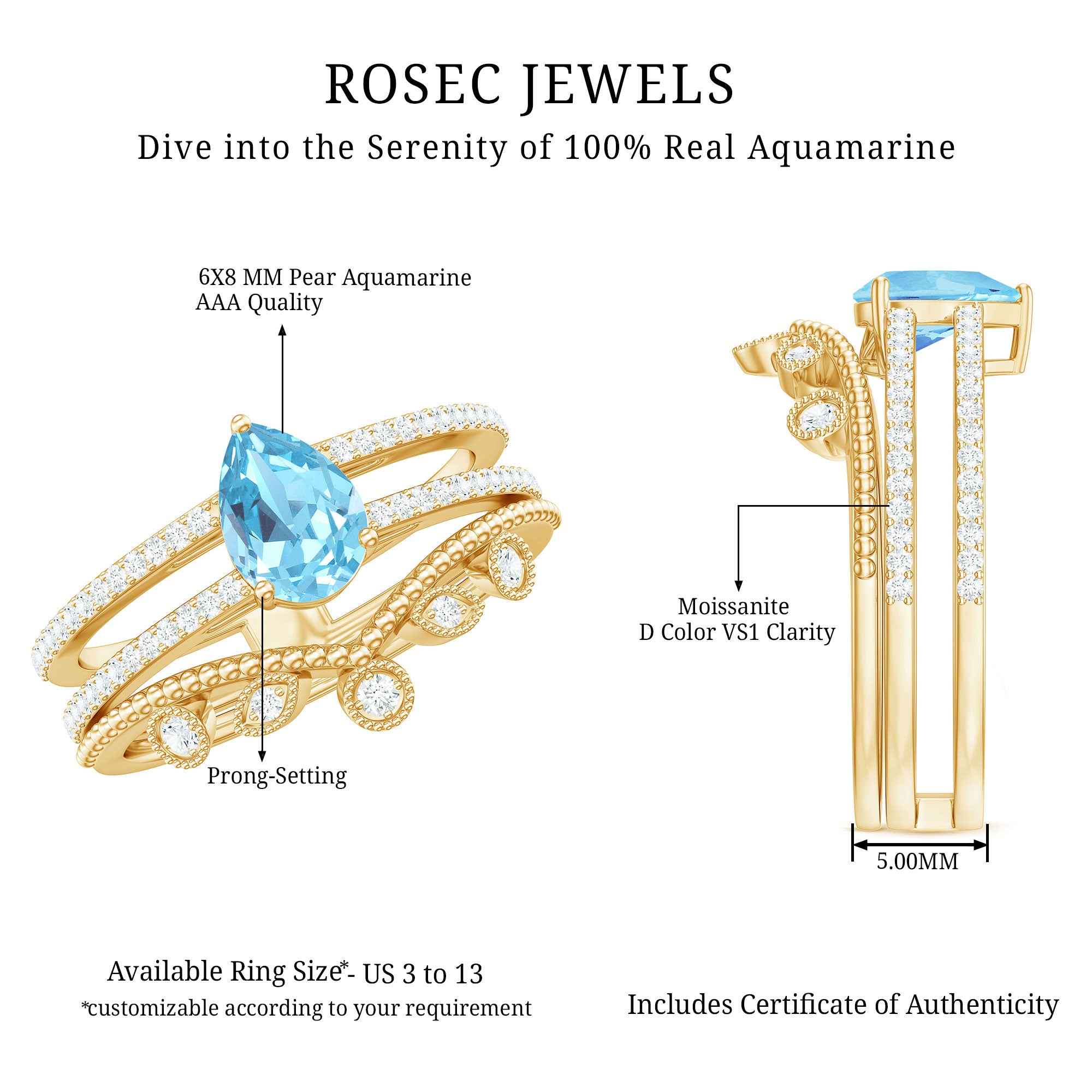 1 Carat Aquamarine and Diamond Teardrop Engagement Ring with Enhancer AAA - Rosec Jewels