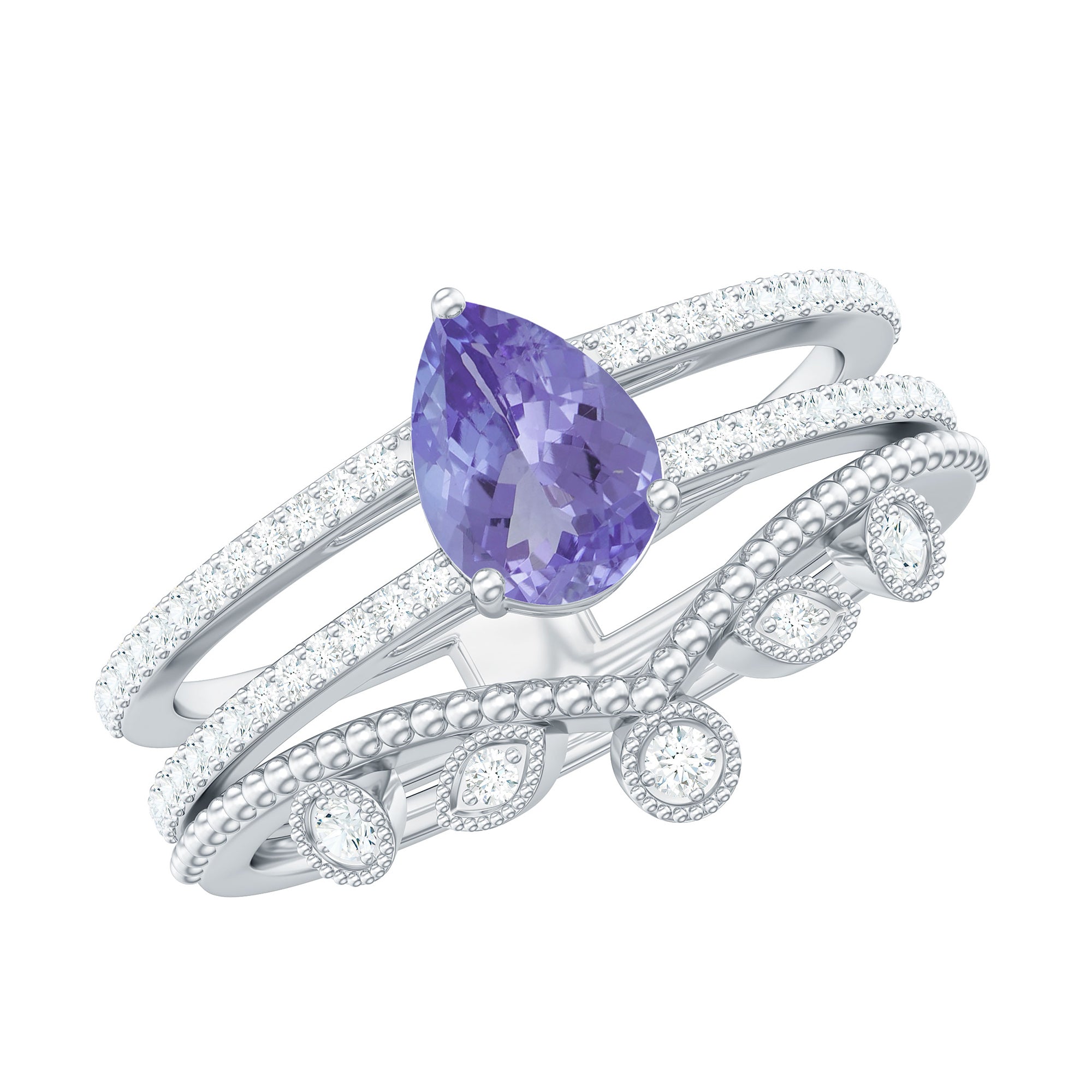 Rosec Jewels-Real Tanzanite Diamond Double Band Engagement Ring with Curved Wedding Band