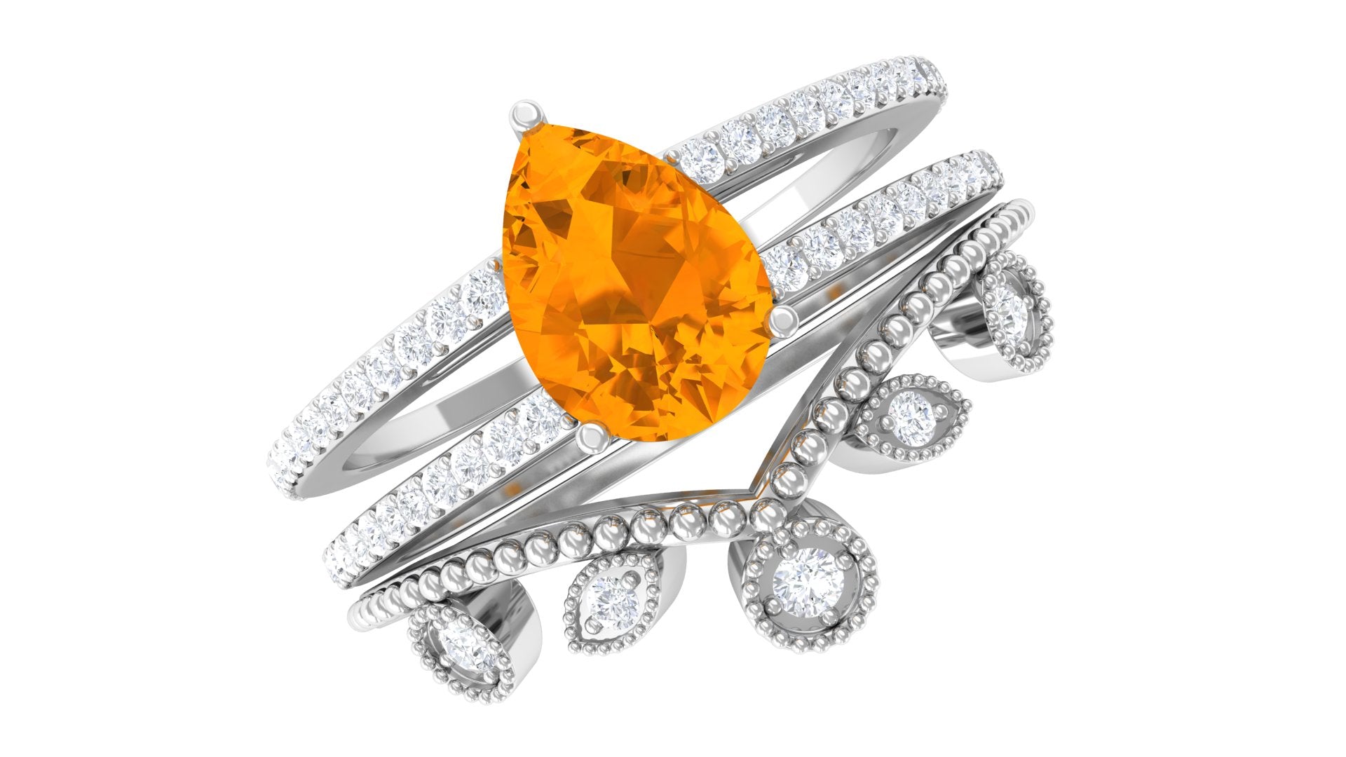 Pear Cut Fire Opal and Diamond Vintage Engagement Ring with Wedding Band Set AAA - Rosec Jewels
