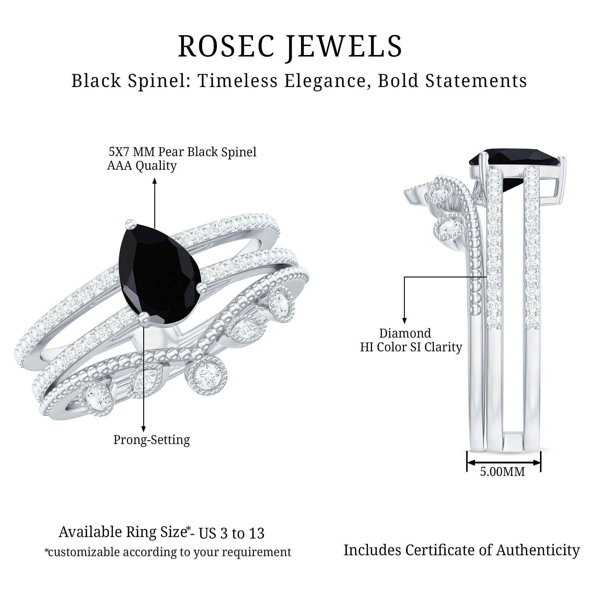 Rosec Jewels-Vintage Style Black Spinel Diamond Wedding Ring Set for Women