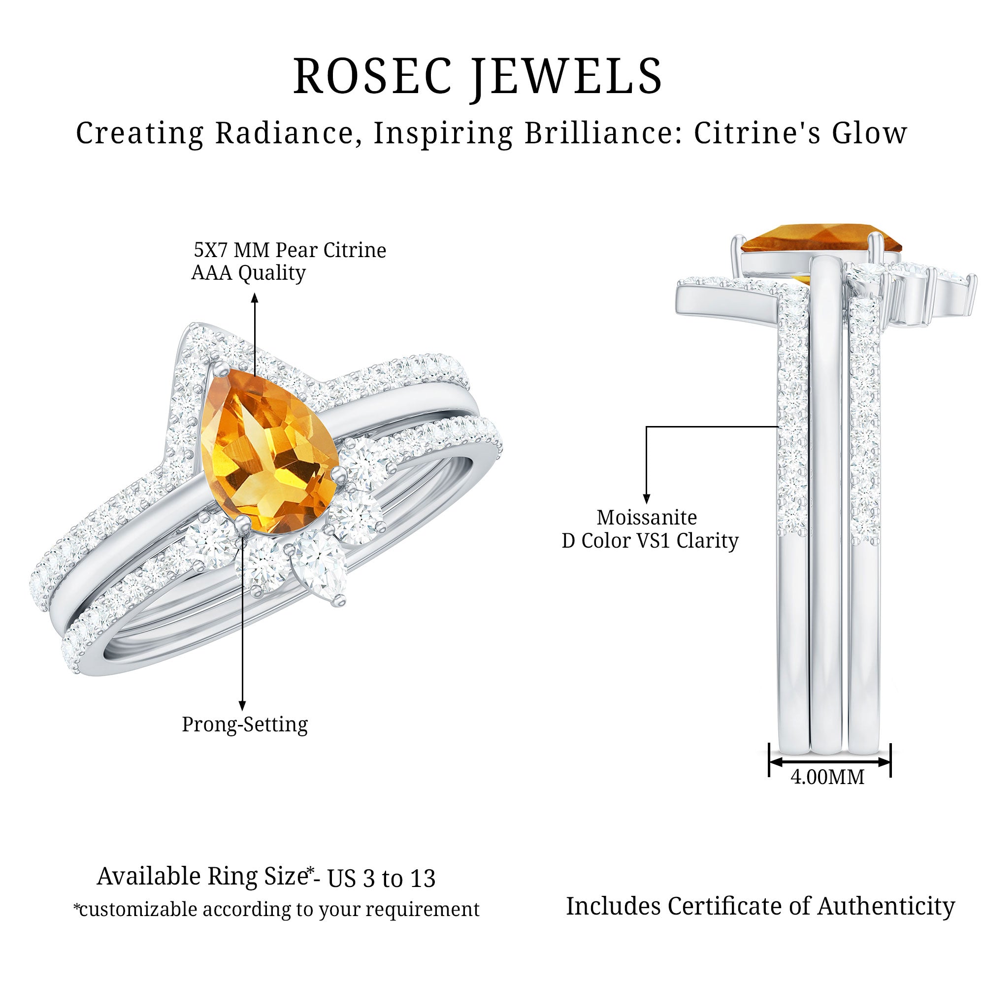 Natural Pear Shape Citrine Wedding Bridal Ring Set of 3 with Certificate AAA - Rosec Jewels