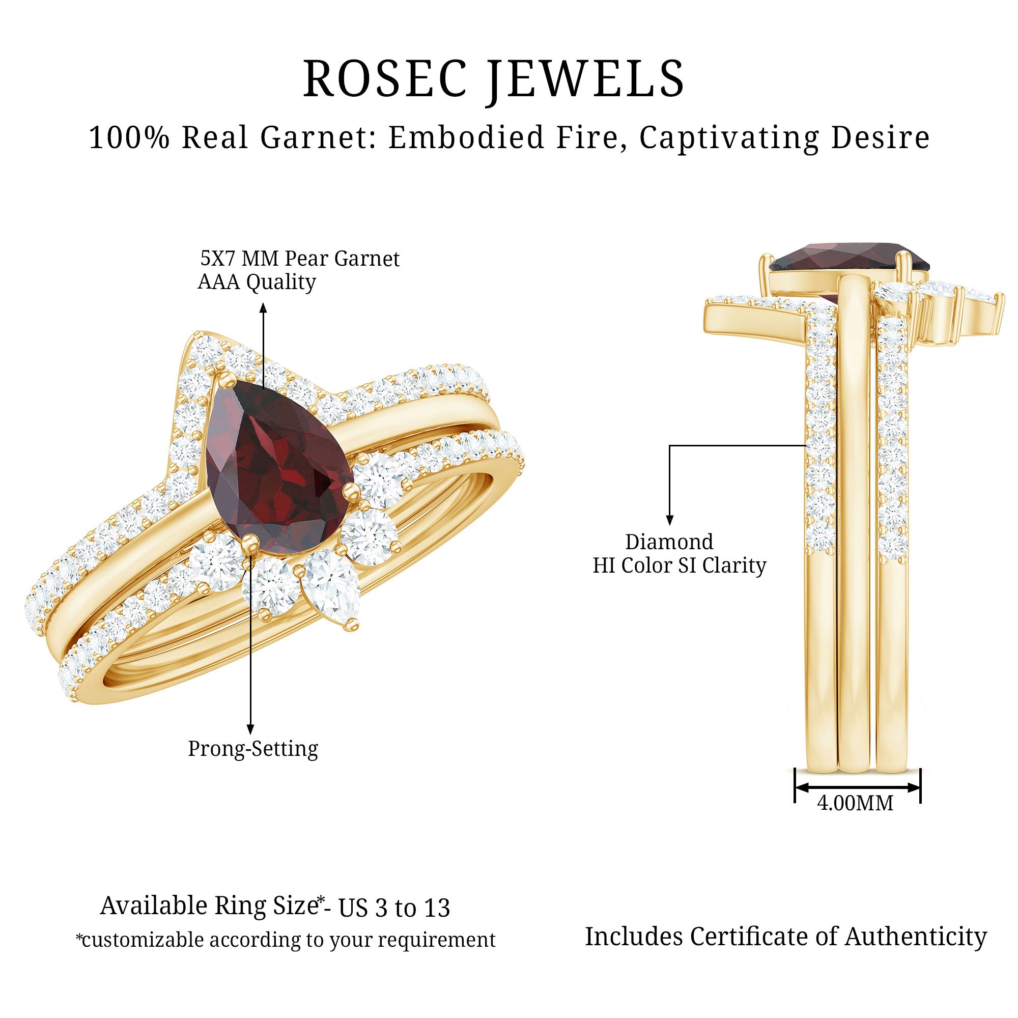 Rosec Jewels-Natural Pear Shaped Garnet Diamond 3 Piece Bridal Ring Set