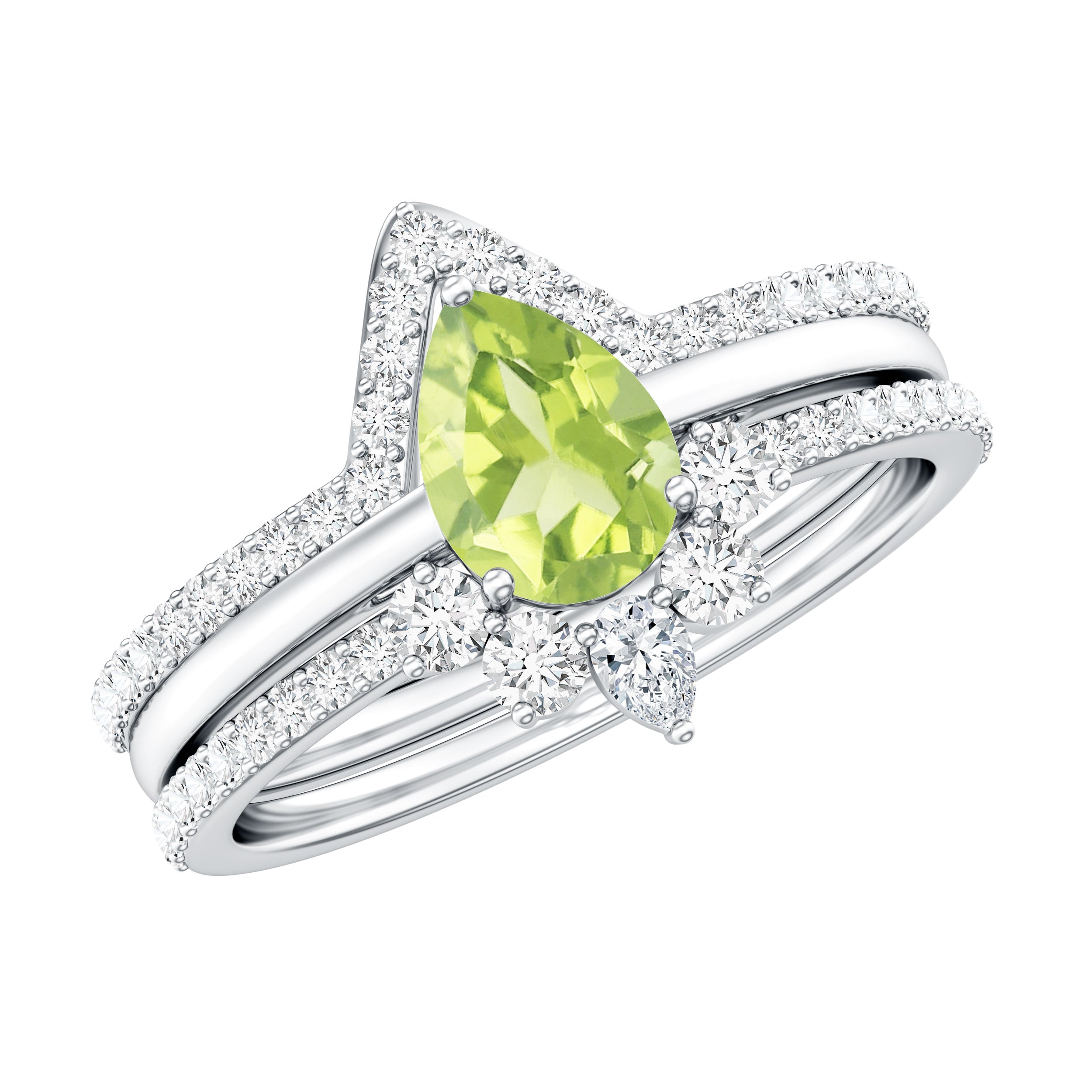 Certified Real 1 Carat Peridot Trio Wedding Ring Set with Moissanite AAA - Rosec Jewels