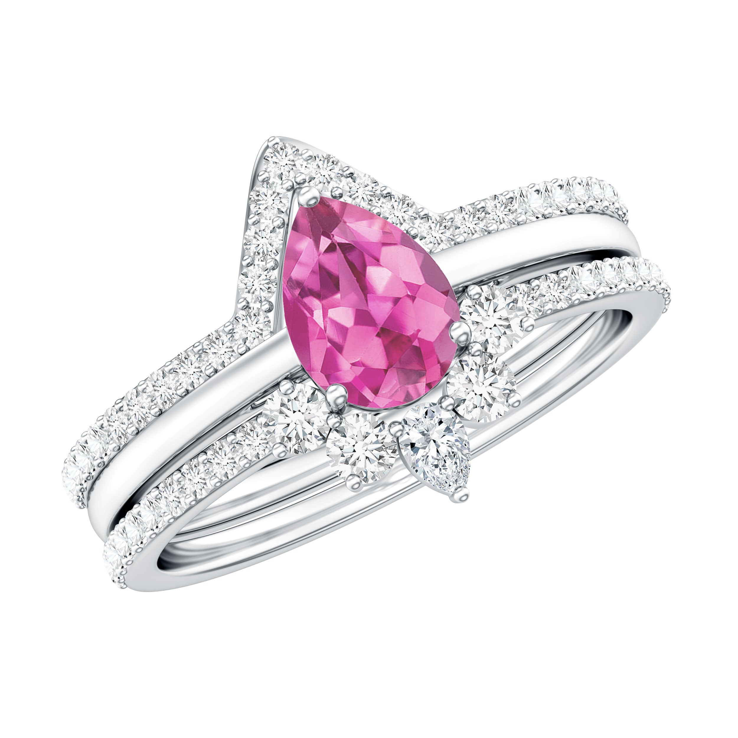 Pear Cut Pink Tourmaline Trio Wedding Ring Set with Moissanite AAA - Rosec Jewels