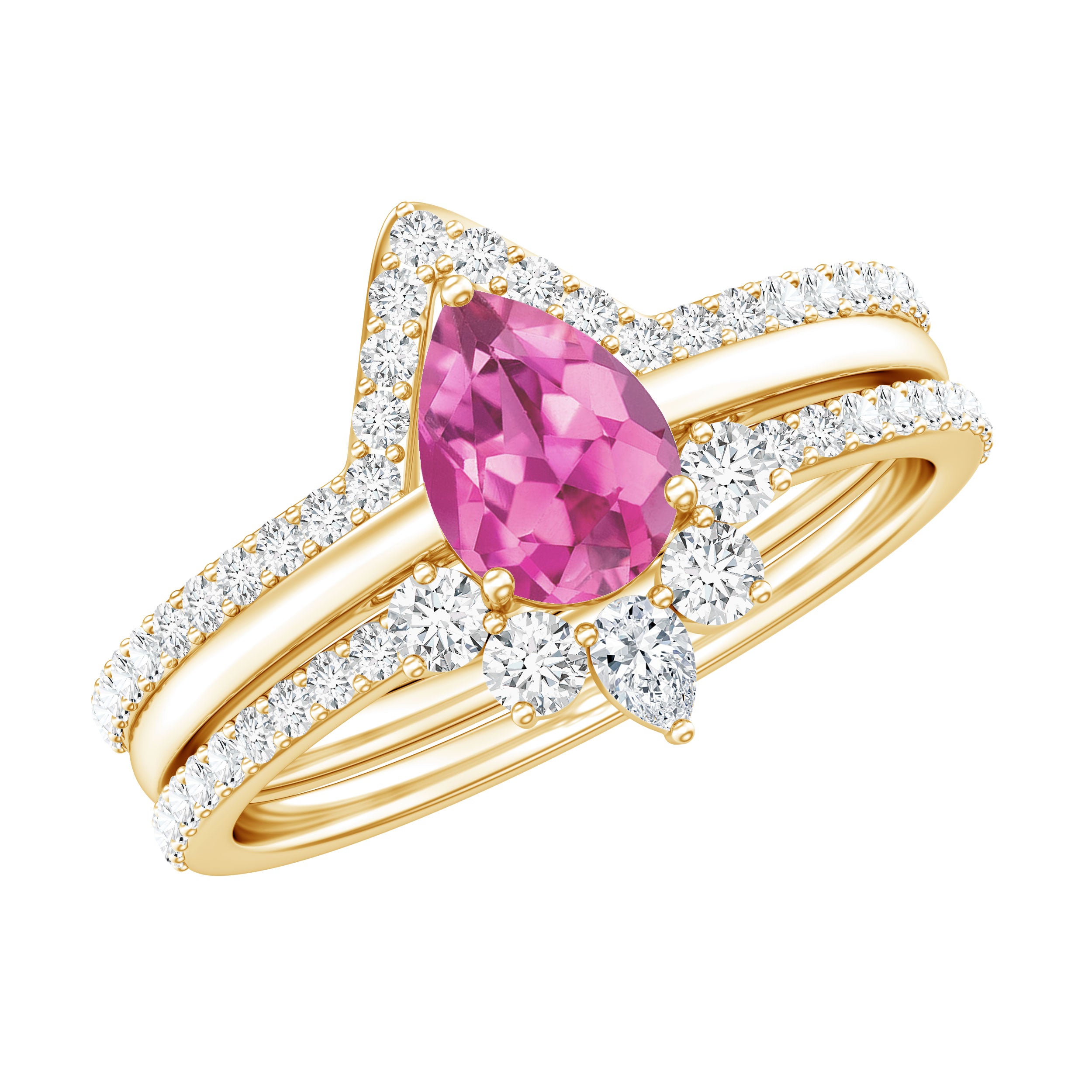 Pear Cut Pink Tourmaline Trio Wedding Ring Set with Moissanite AAA - Rosec Jewels