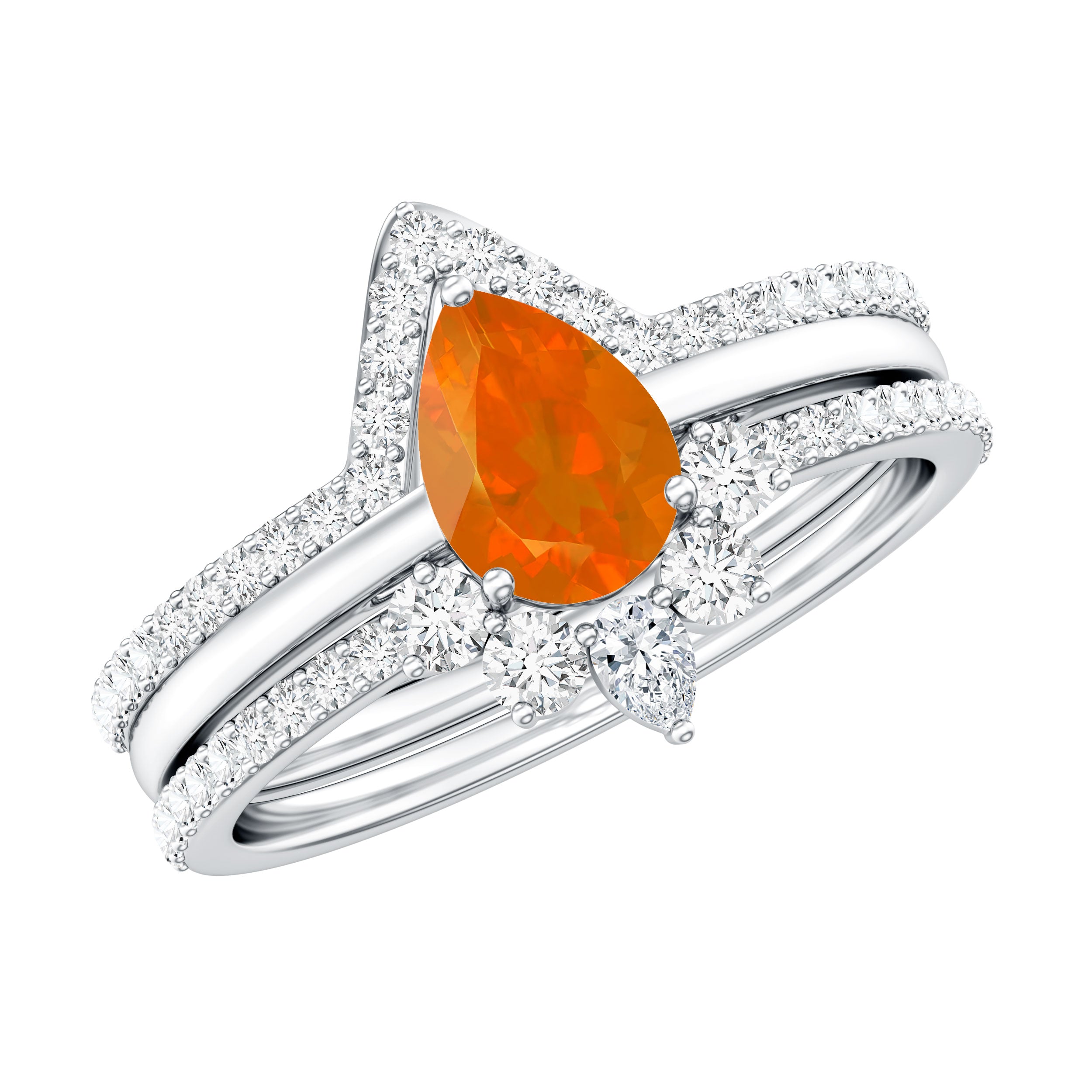 Pear Cut Fire Opal Trio Wedding Ring Set with Moissanite AAA - Rosec Jewels