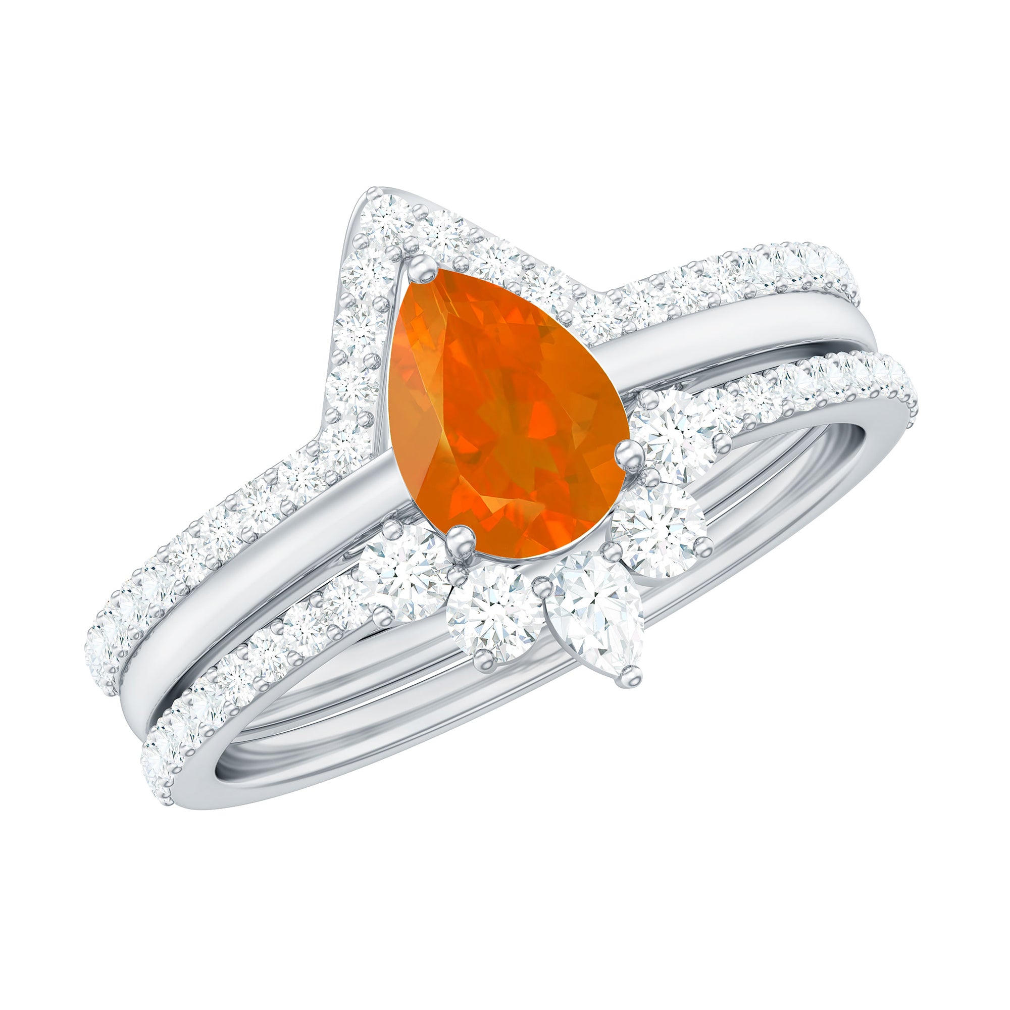 Rosec Jewels-Pear Cut Fire Opal Trio Wedding Ring Set with Moissanite