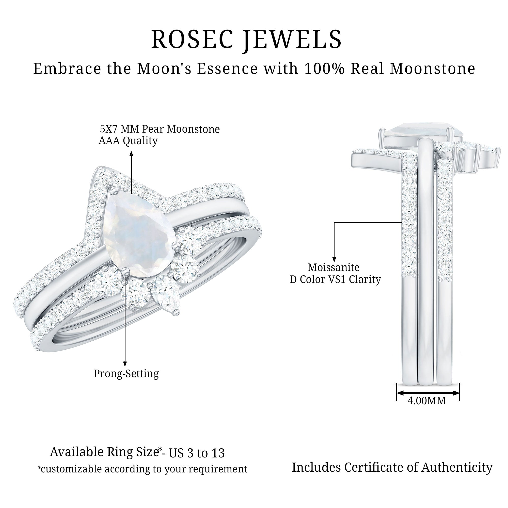 Pear Cut Moonstone Trio Wedding Ring Set with Moissanite AAA - Rosec Jewels