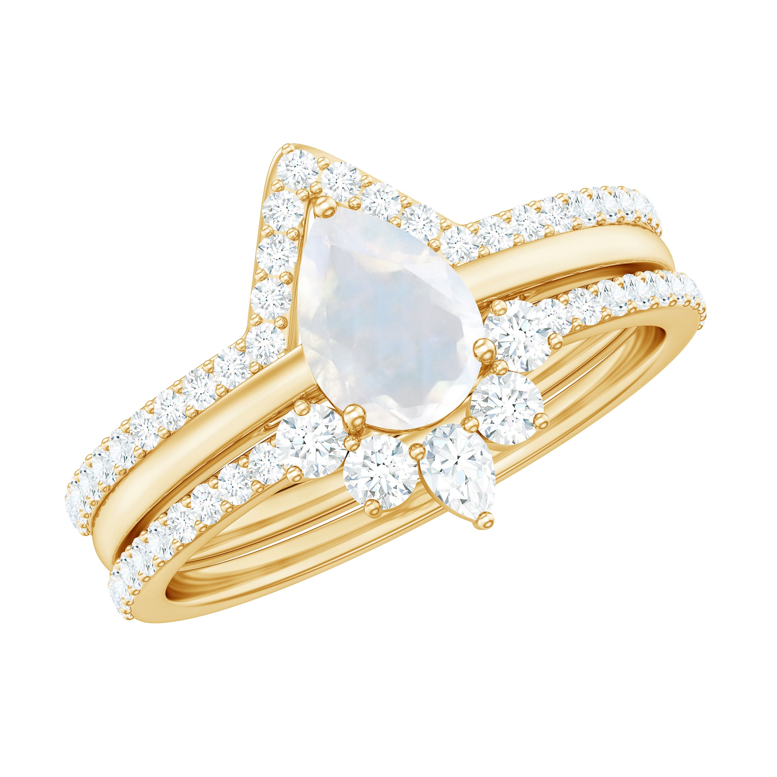 Pear Cut Moonstone Trio Wedding Ring Set with Moissanite AAA - Rosec Jewels