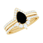 6X8mm Pear Shaped Black Onyx Engagement Ring With Ring Guards AAA - Rosec Jewels