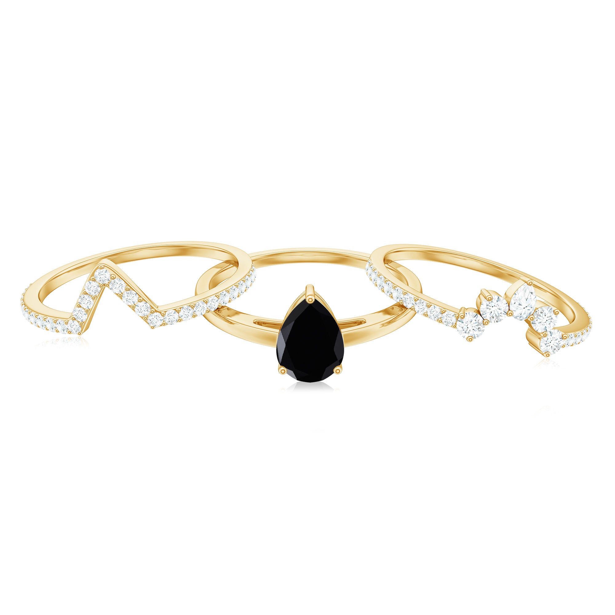 6X8mm Pear Shaped Black Onyx Engagement Ring With Ring Guards AAA - Rosec Jewels