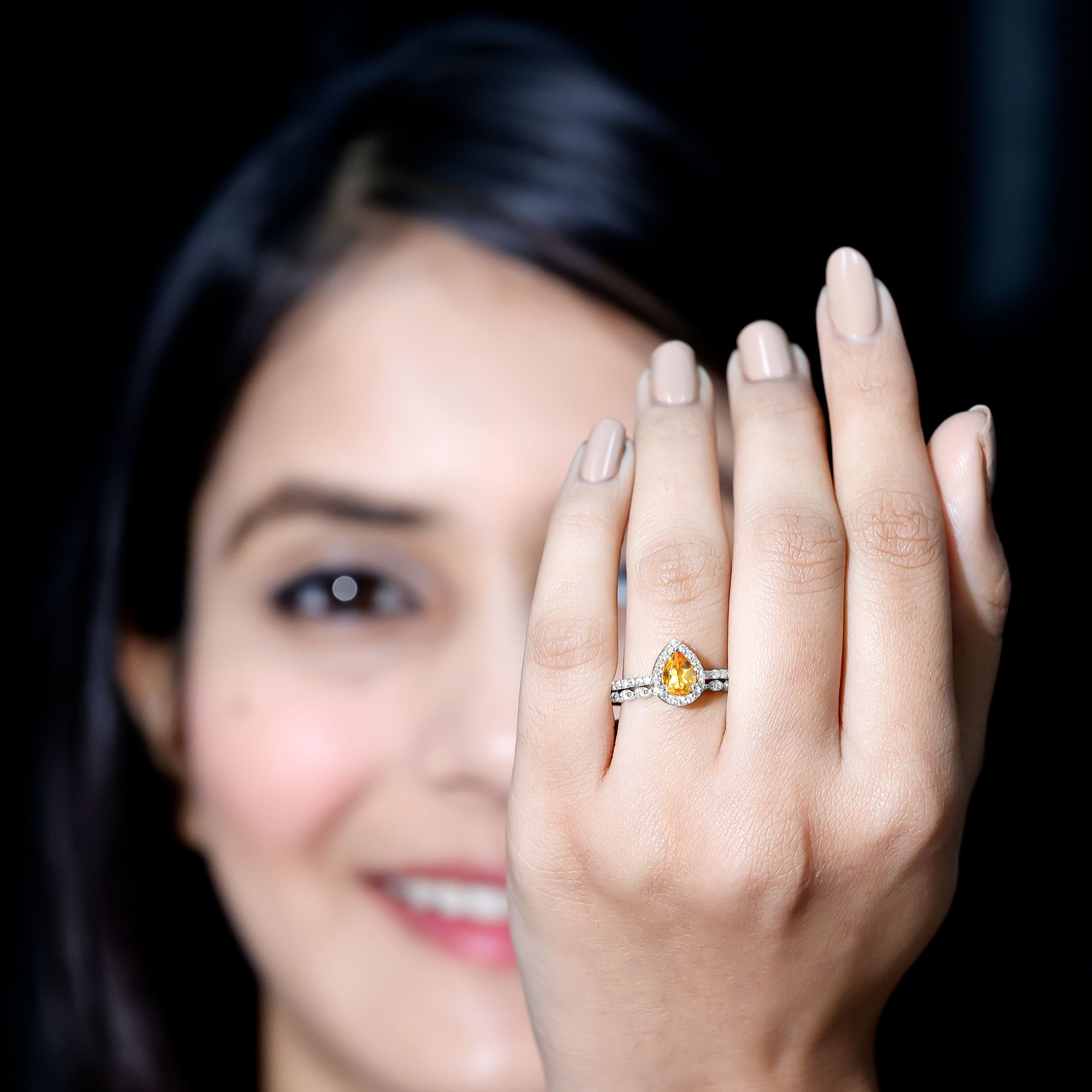 Real 0.6 Carat Citrine Teardrop Bridal Ring Set with Diamond AAA - Rosec Jewels