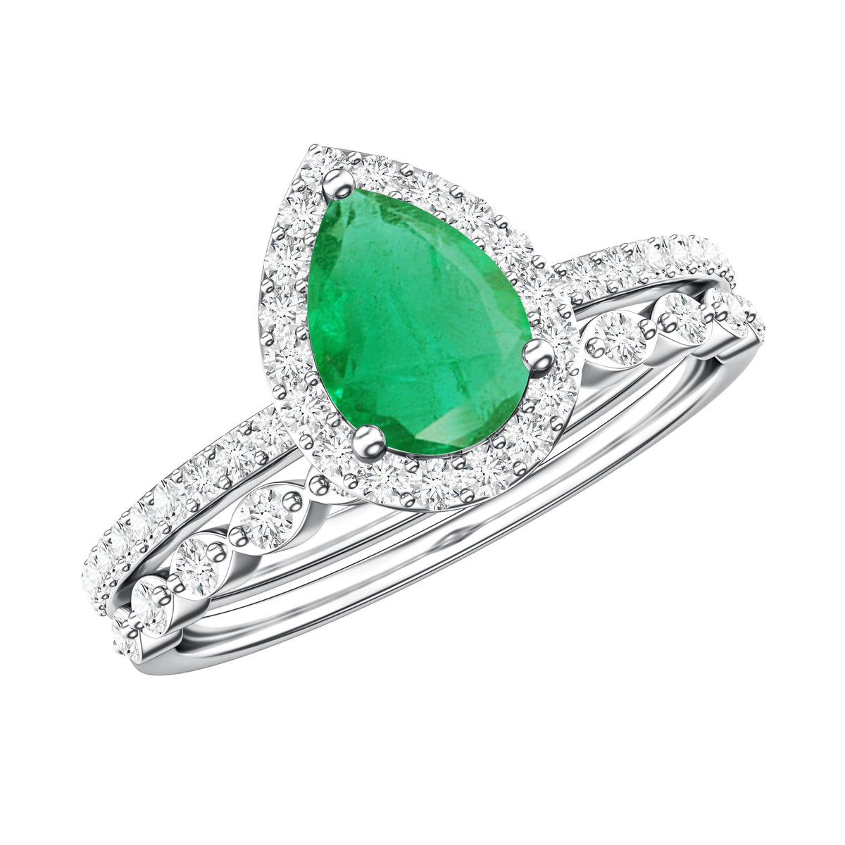 Natural Emerald Diamond Teardrop Engagement Ring and Wedding Band Set AAA - Rosec Jewels