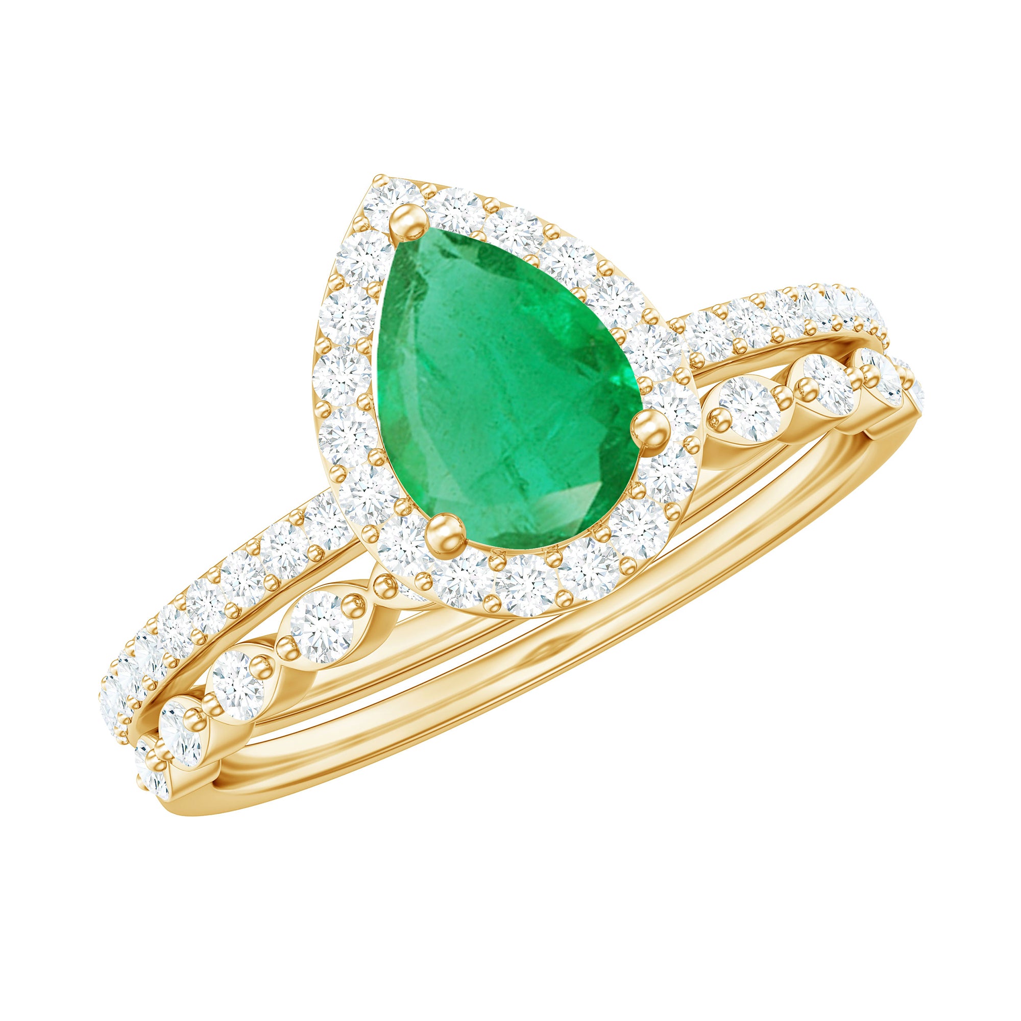 Rosec Jewels-Natural Emerald Diamond Teardrop Engagement Ring and Wedding Band Set