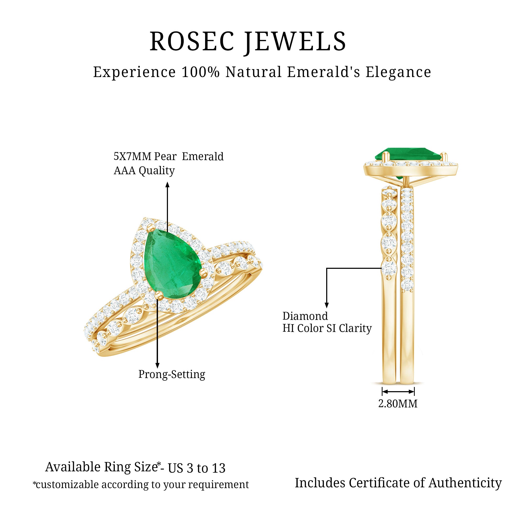 Rosec Jewels-Natural Emerald Diamond Teardrop Engagement Ring and Wedding Band Set