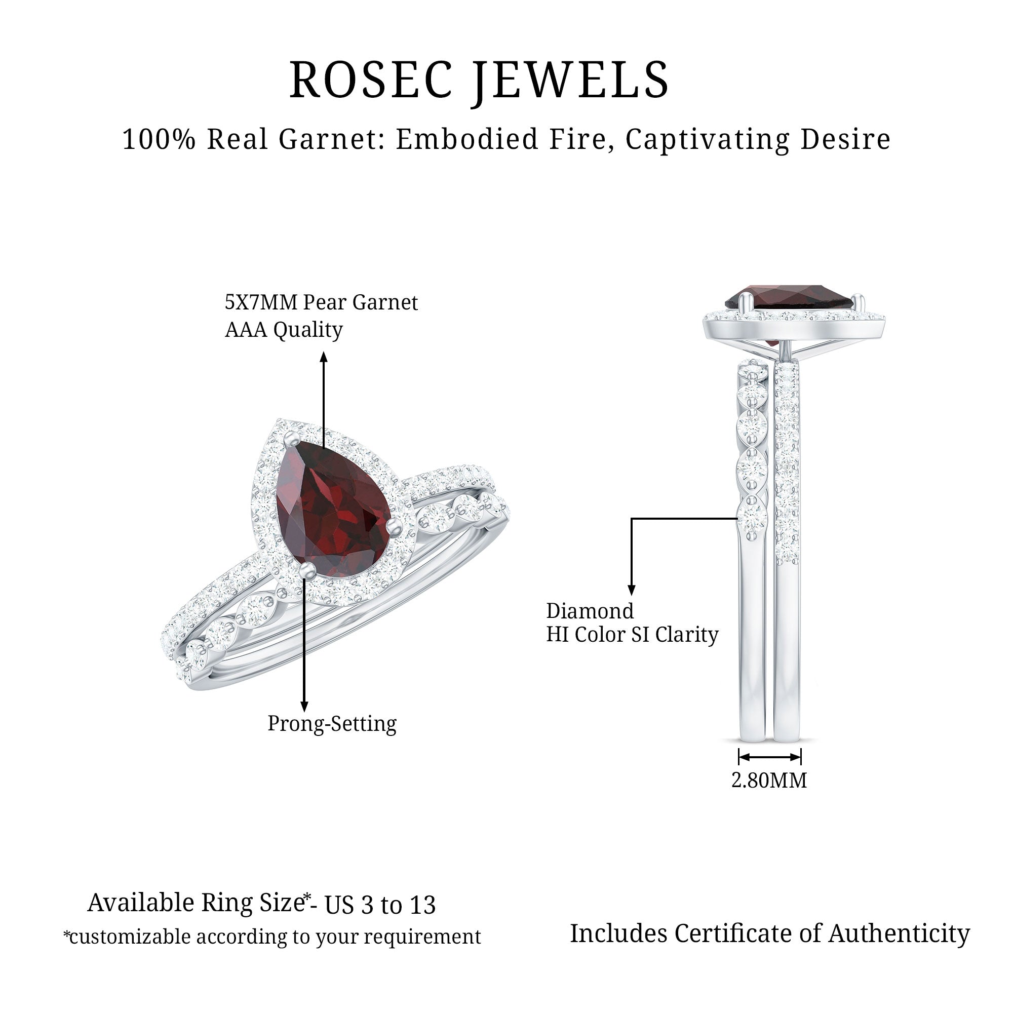 Rosec Jewels-Natural 5X7mm Pear Shape Garnet Wedding Engagement Ring Set of 2