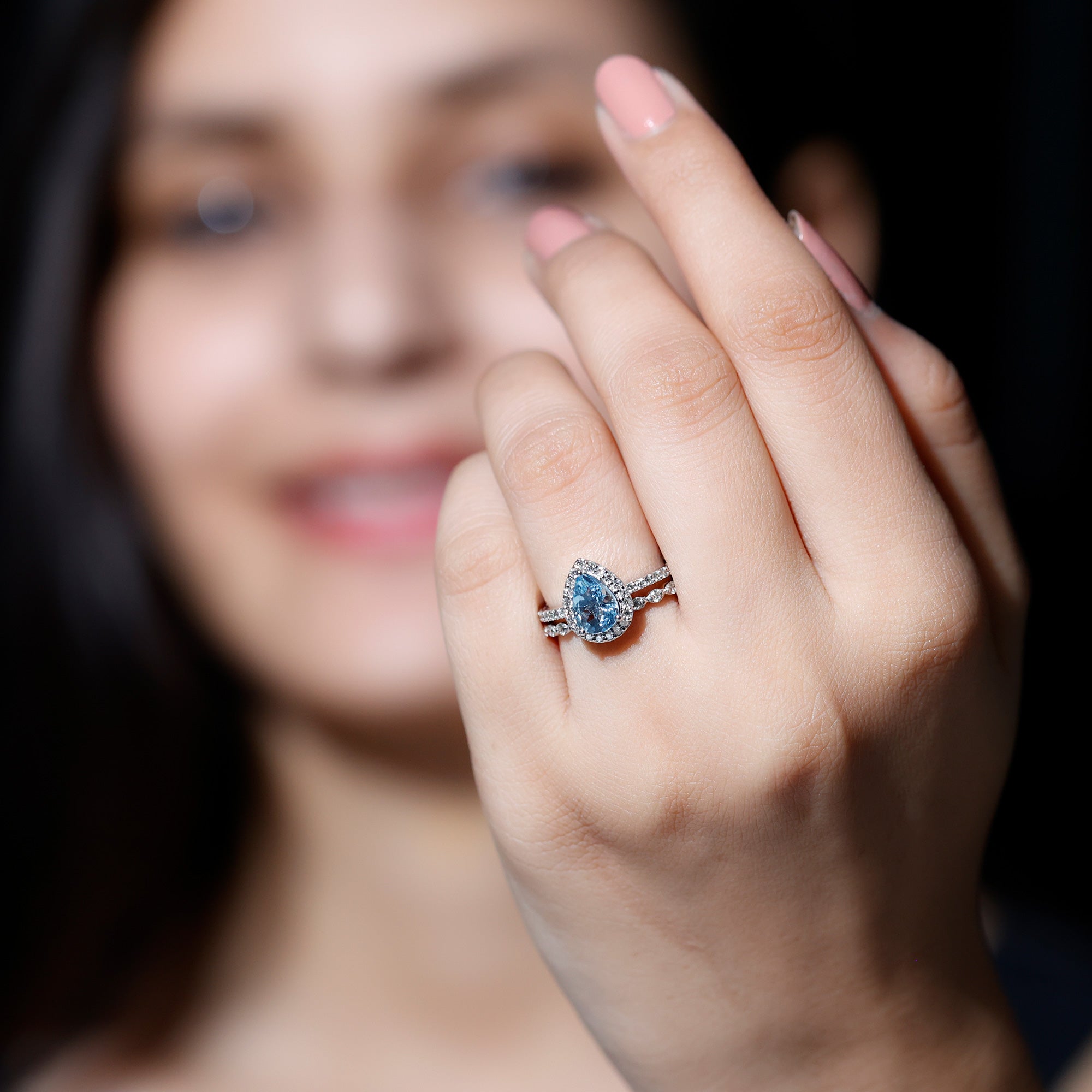 Rosec Jewels-Genuine 1 Carat Aquamarine Bridal Ring Set with Diamond