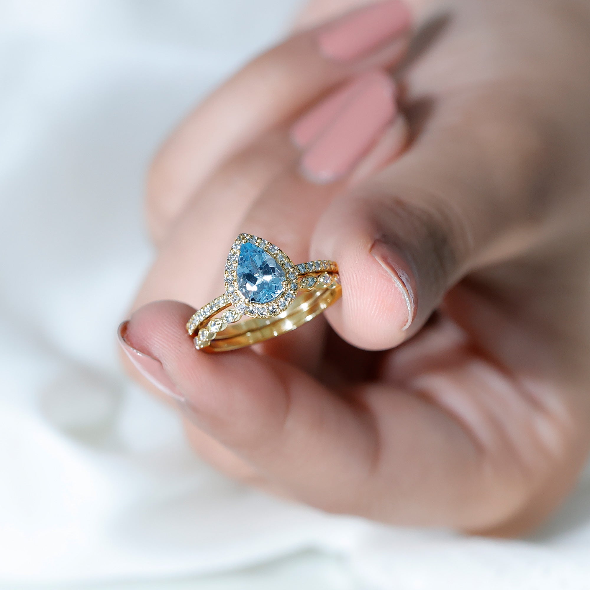 Rosec Jewels-Genuine 1 Carat Aquamarine Bridal Ring Set with Diamond