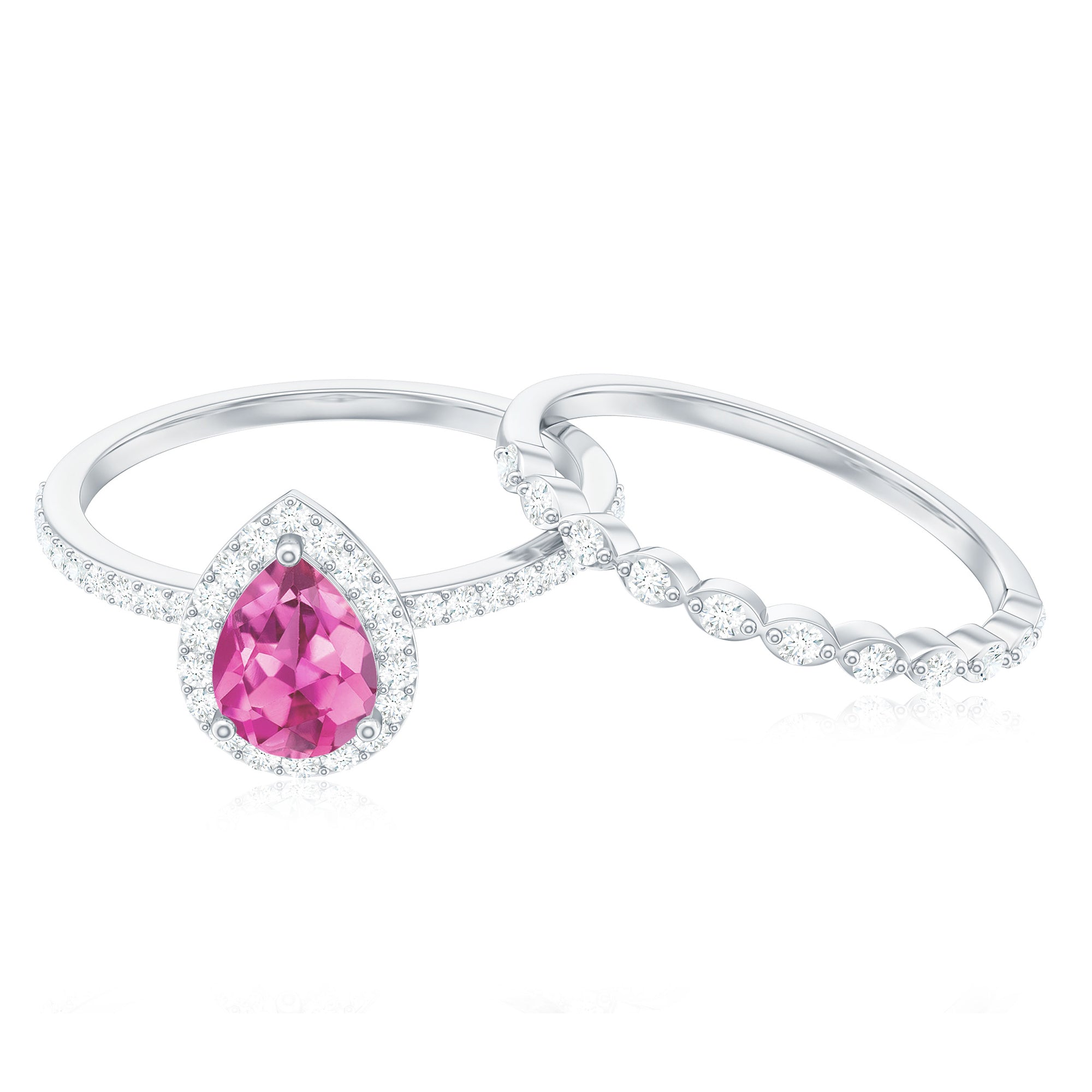 Rosec Jewels-Teardrop Pink tourmaline Bridal Ring Set with Diamond