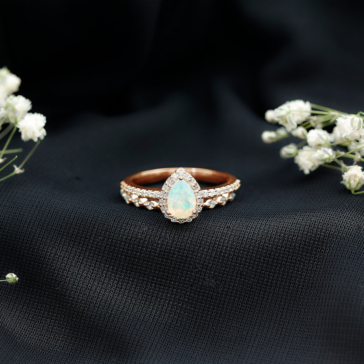 Natural Ethiopian Opal Diamond Pear Shaped Engagement Ring and Wedding Band Set AAA - Rosec Jewels