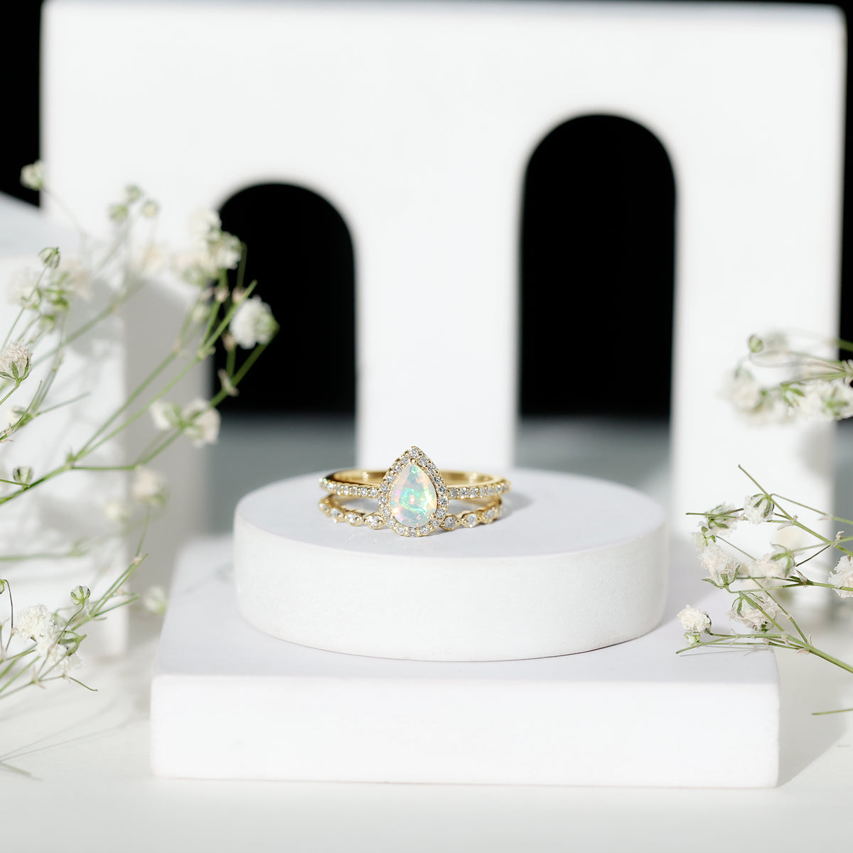Natural Ethiopian Opal Diamond Pear Shaped Engagement Ring and Wedding Band Set AAA - Rosec Jewels